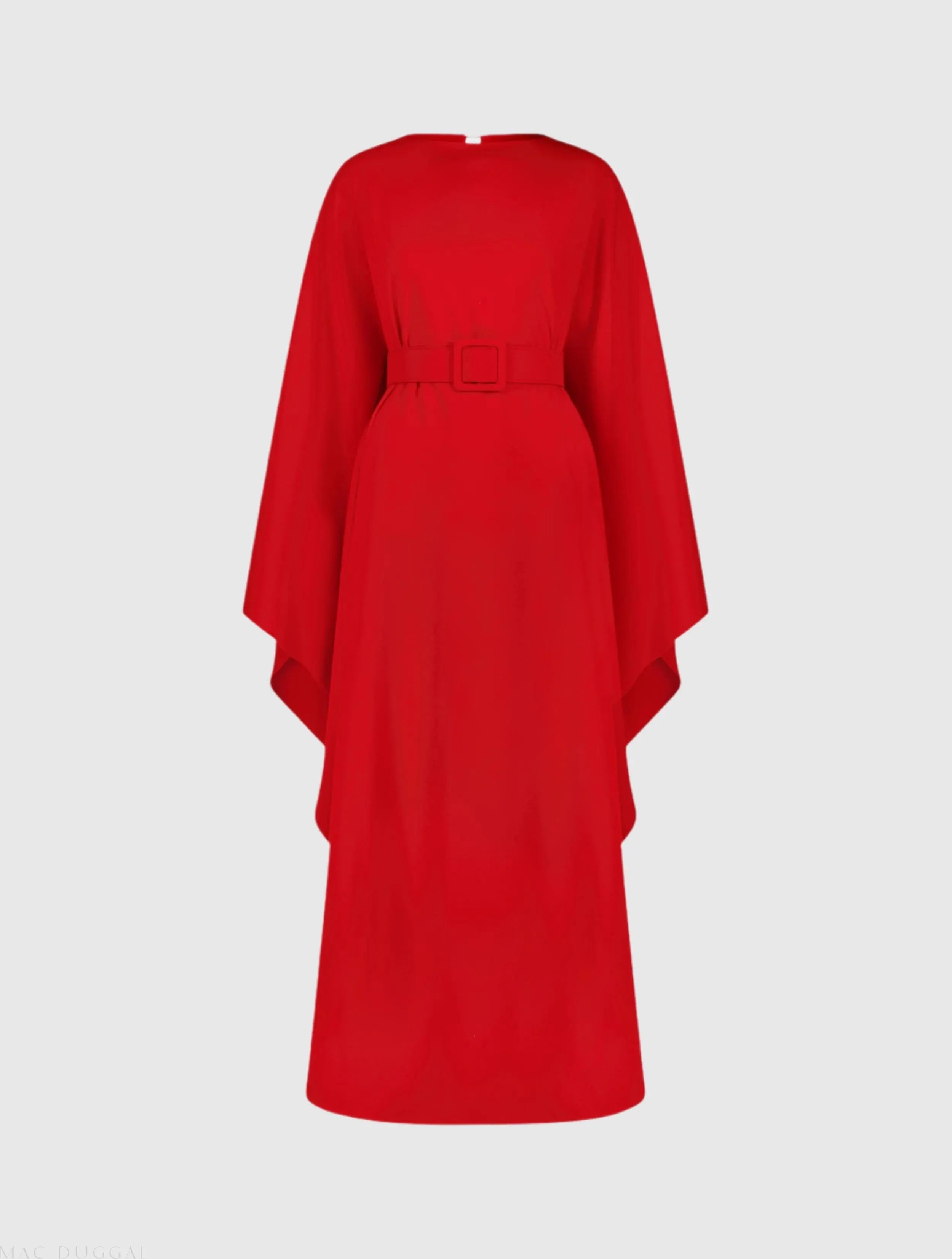 Red Crepe Boat Neck Kaftan Maxi Dress With Belt-Myartka