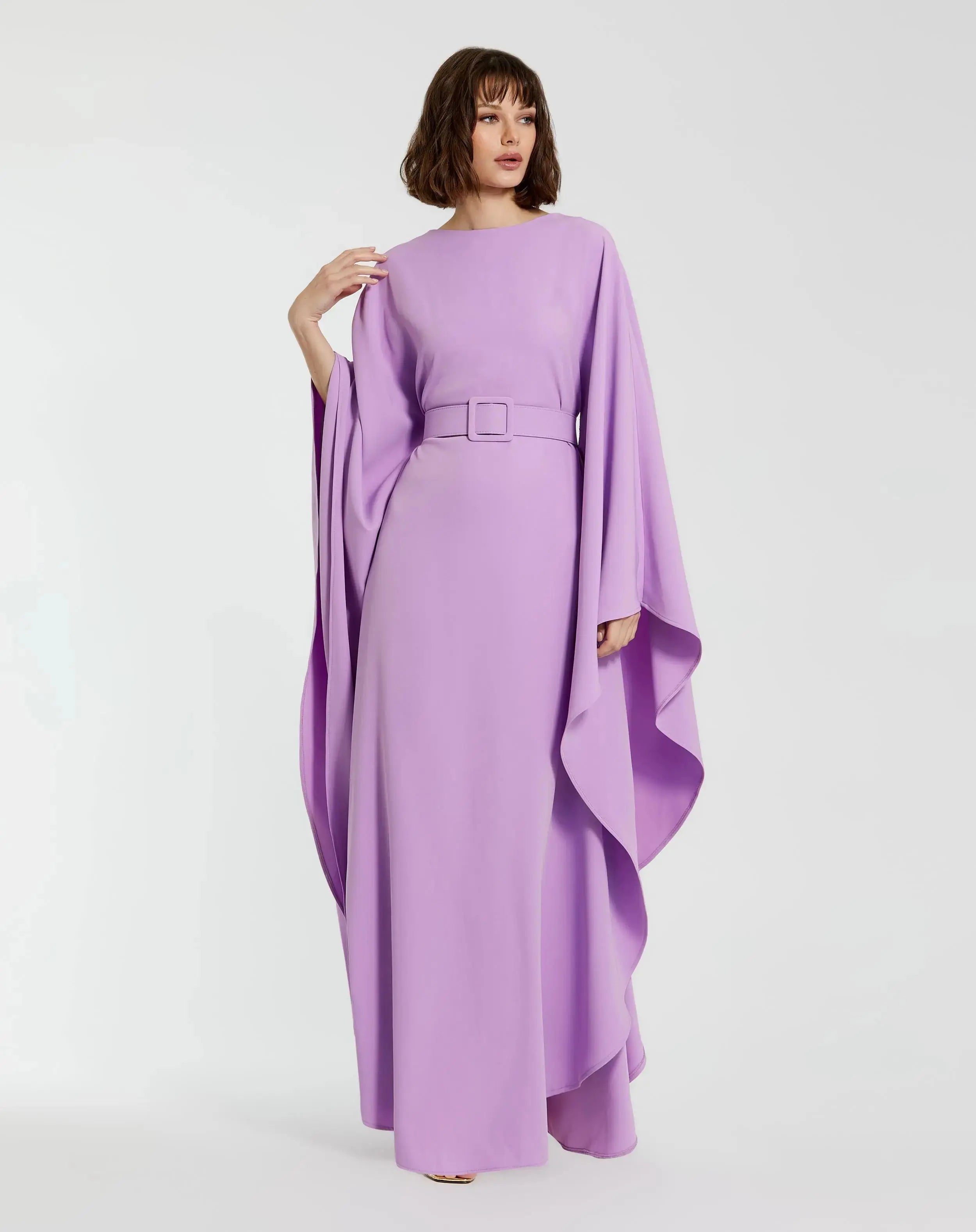 Purple Crepe Boat Neck Kaftan Dress With Belt-Myartka