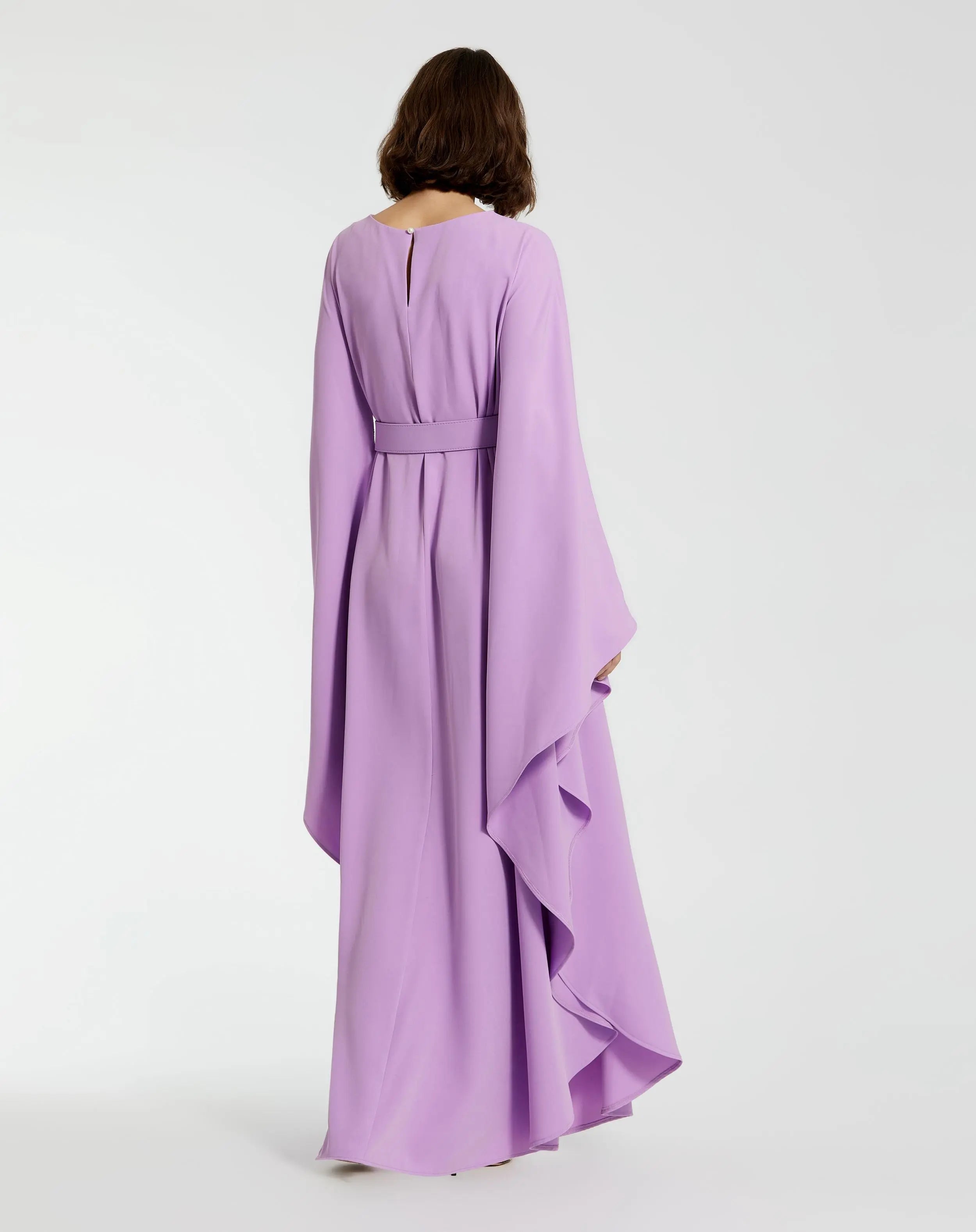 Purple Crepe Boat Neck Kaftan Dress With Belt-Myartka