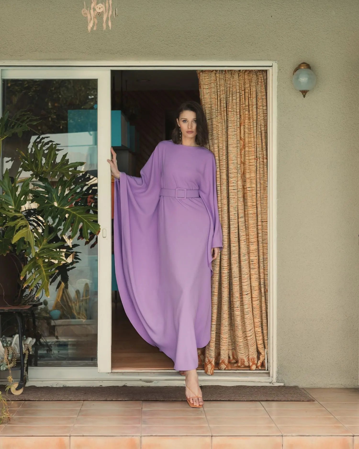 Purple Crepe Boat Neck Kaftan Dress With Belt-Myartka