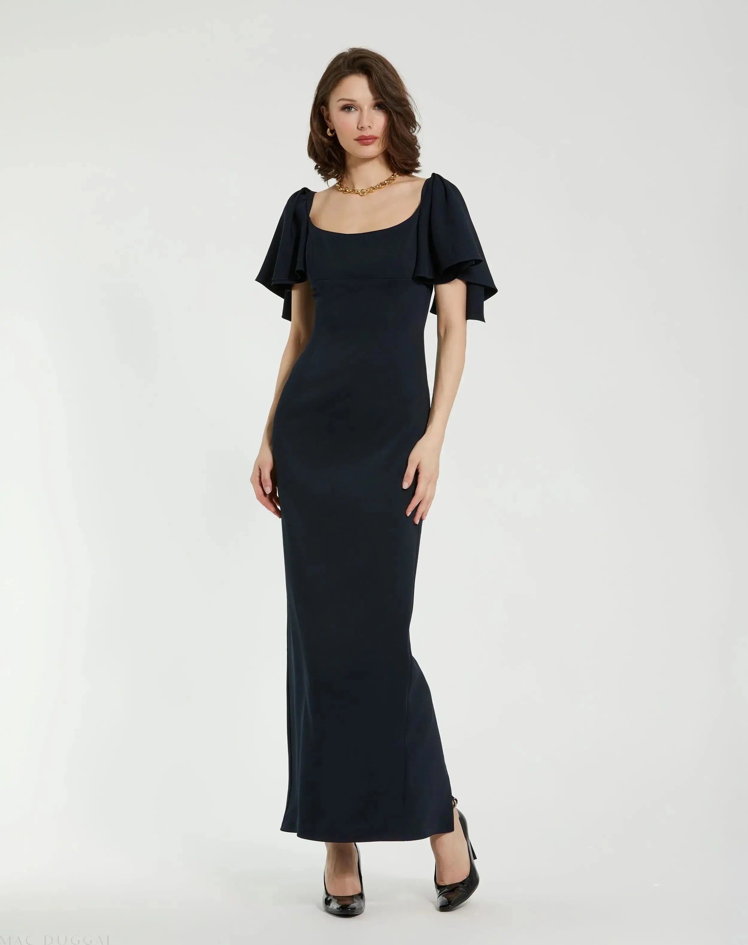 Navy Crepe Fitted Column Dress With Short Ruffle Sleeves - FINAL SALE-Myartka