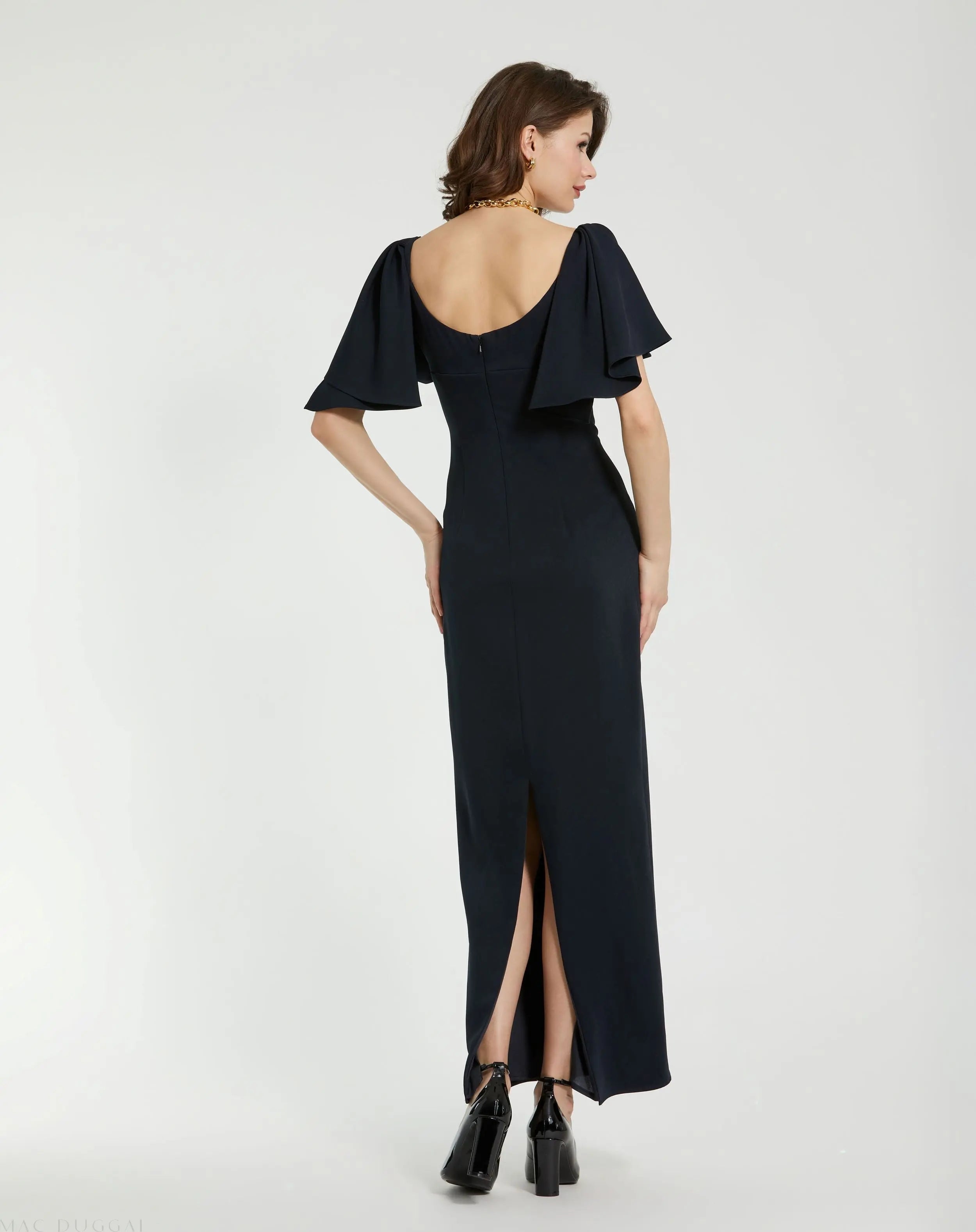 Navy Crepe Fitted Column Dress With Short Ruffle Sleeves - FINAL SALE-Myartka