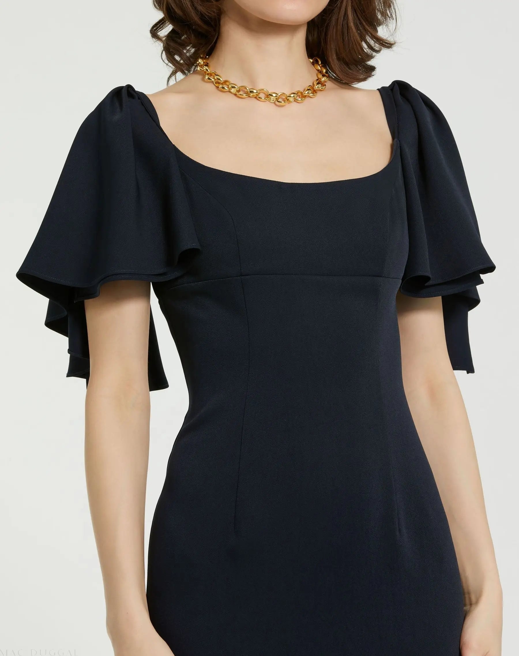 Navy Crepe Fitted Column Dress With Short Ruffle Sleeves - FINAL SALE-Myartka