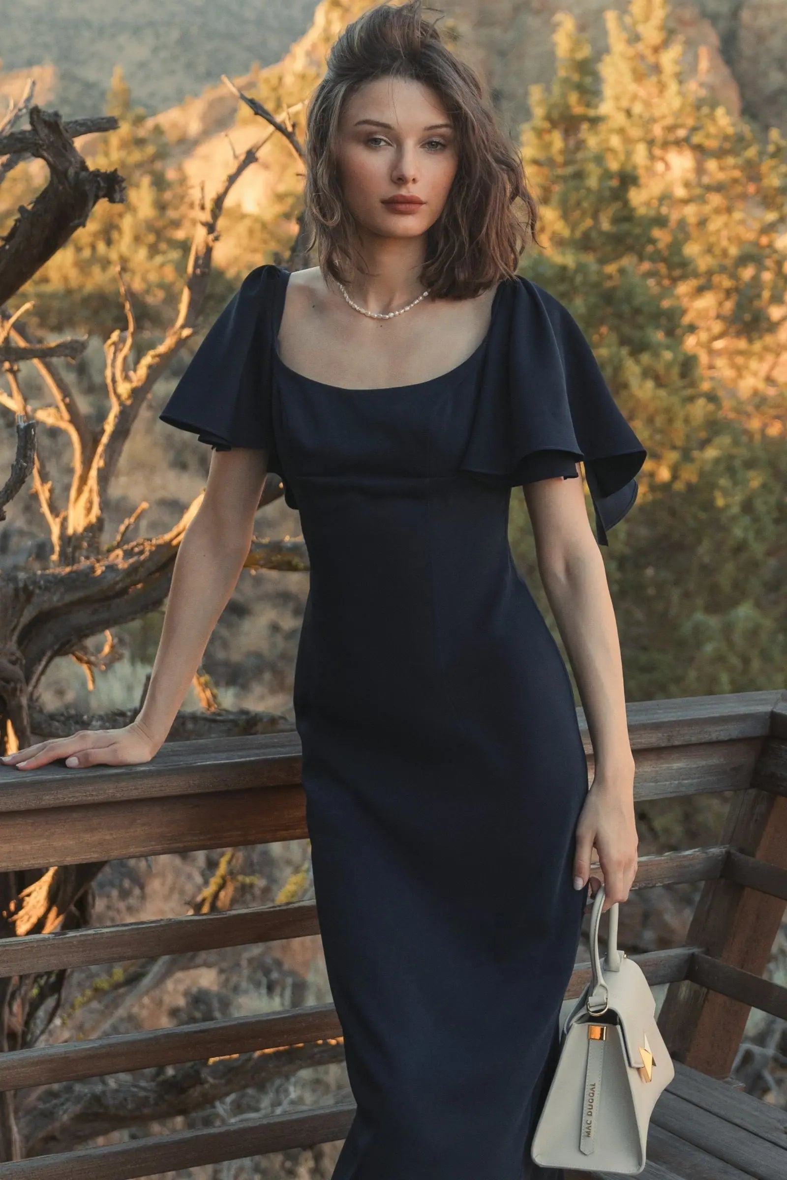 Navy Crepe Fitted Column Dress With Short Ruffle Sleeves - FINAL SALE-Myartka