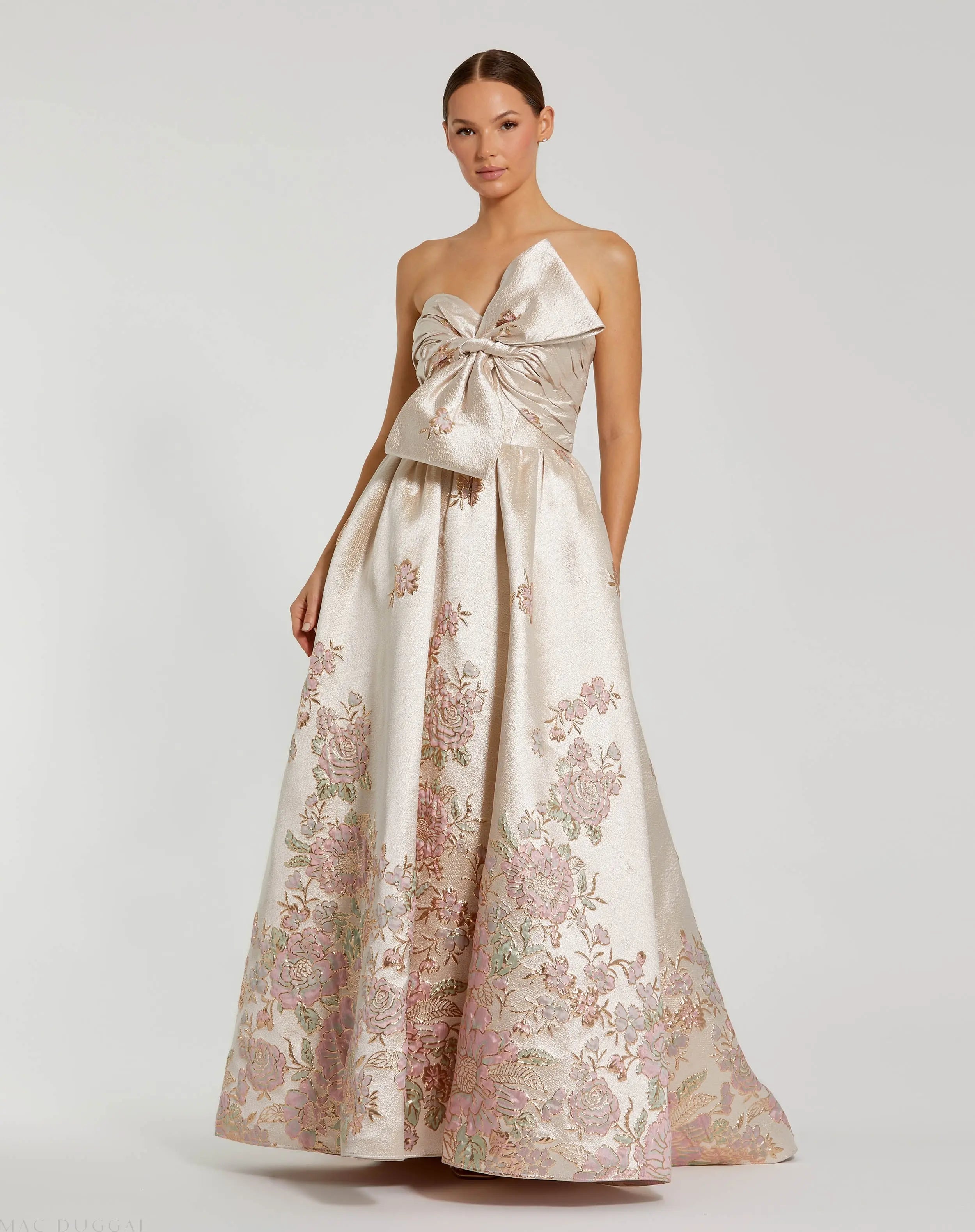 Ivory Strapless Brocade Floral Ball Gown With Bow Detail-Myartka