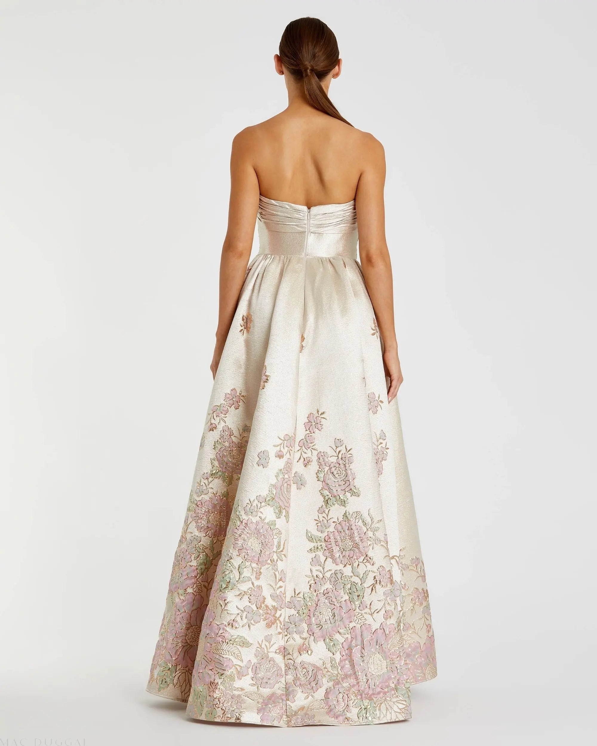 Ivory Strapless Brocade Floral Ball Gown With Bow Detail-Myartka