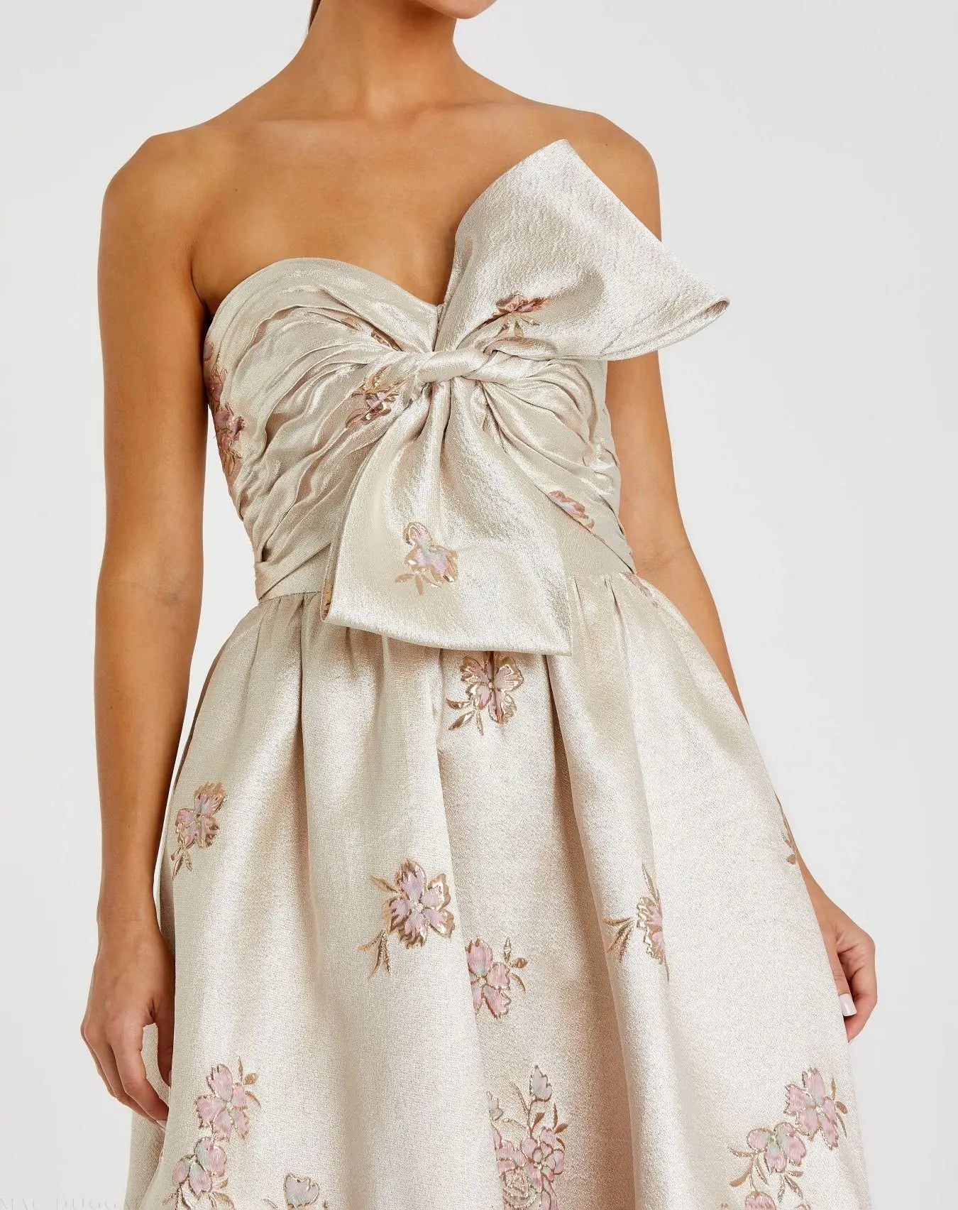 Ivory Strapless Brocade Floral Ball Gown With Bow Detail-Myartka