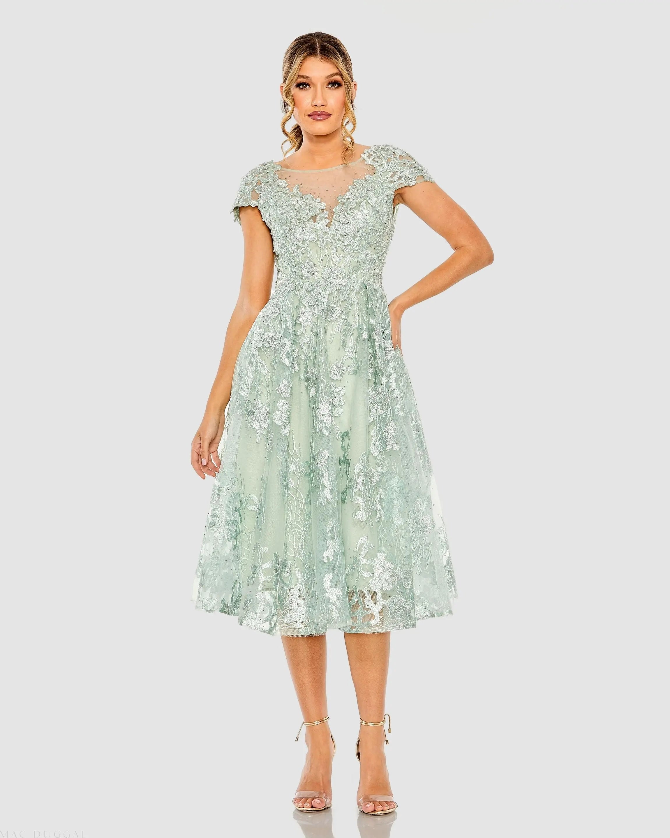 Green Embroidered Cap Sleeve A Line Dress - FINAL SALE-Myartka