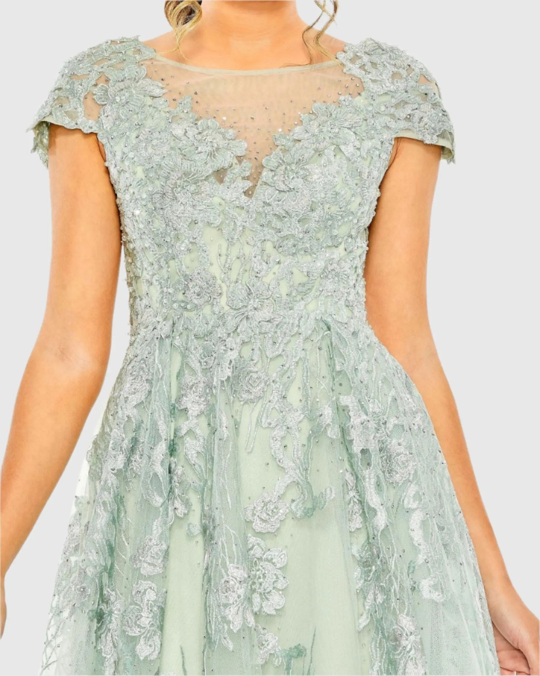 Green Embroidered Cap Sleeve A Line Dress - FINAL SALE-Myartka