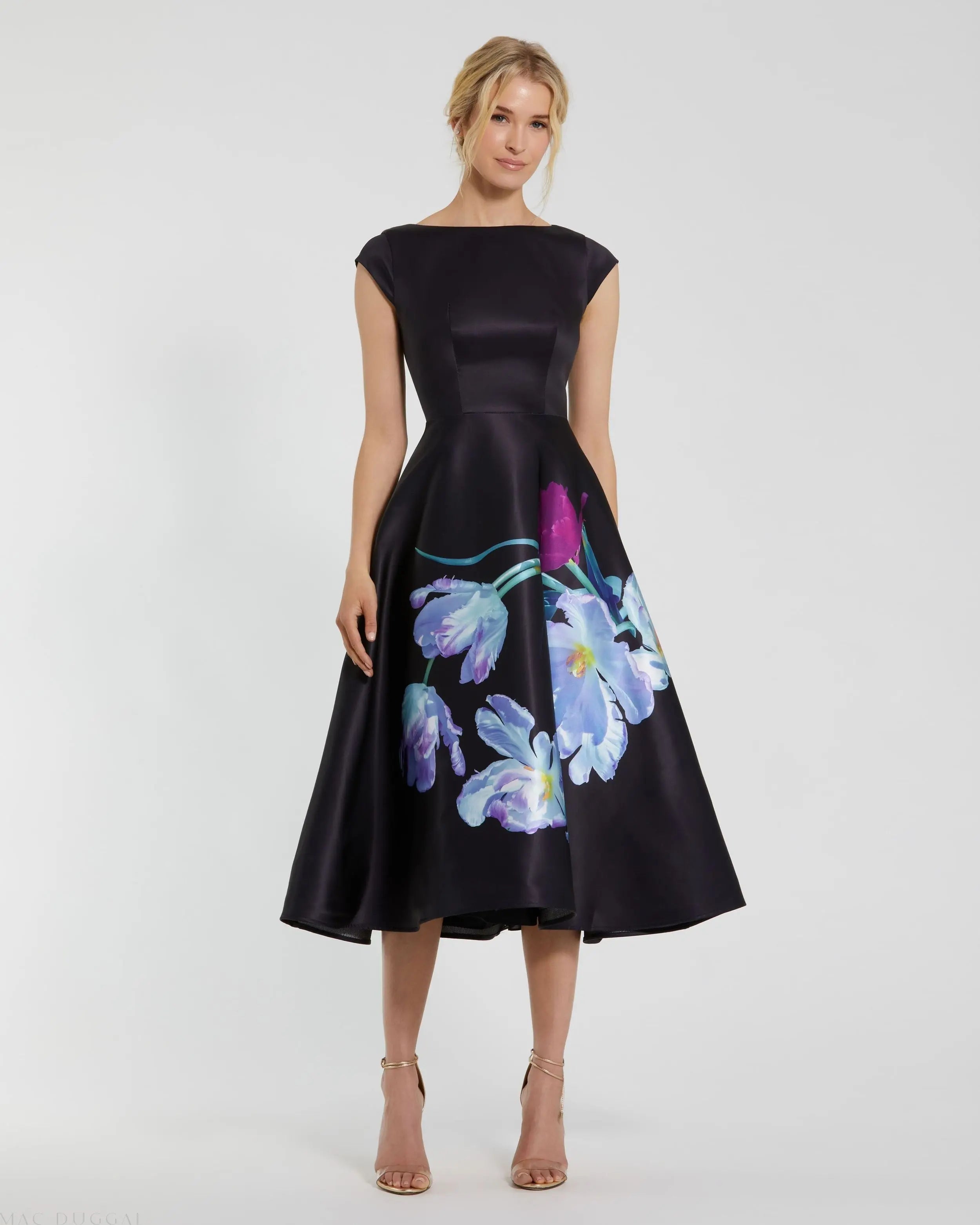 Black Satin Cap Sleeve Midi Dress With Floral Print-Myartka