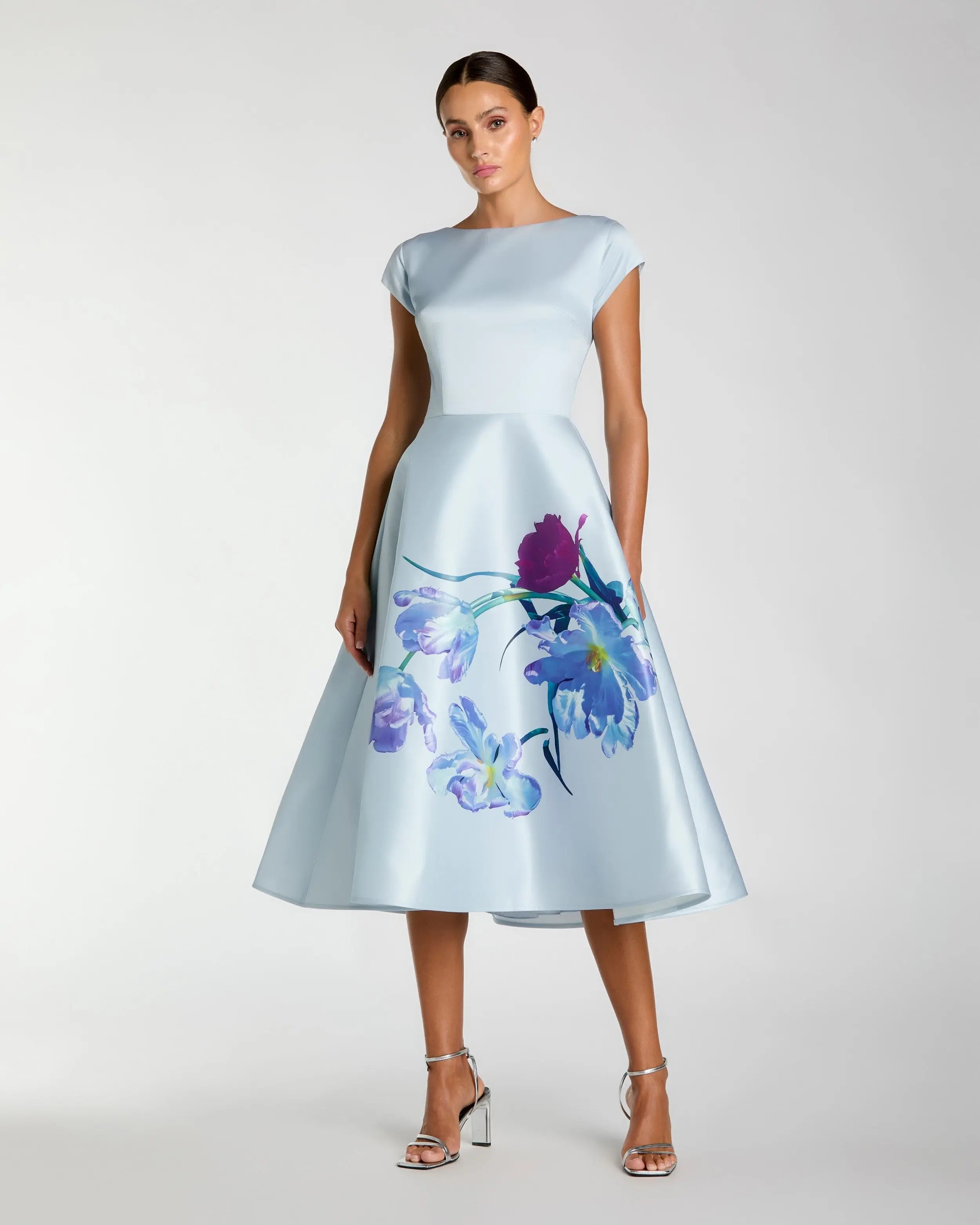 Blue Satin Cap Sleeve Midi Dress With Floral Print-Myartka