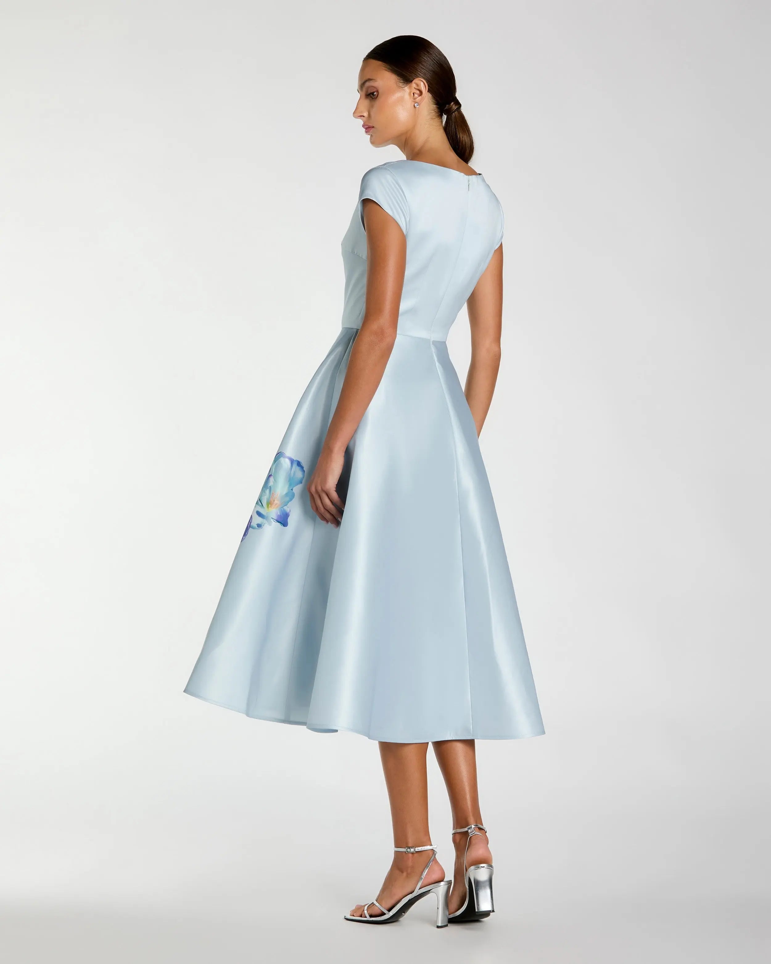 Blue Satin Cap Sleeve Midi Dress With Floral Print-Myartka