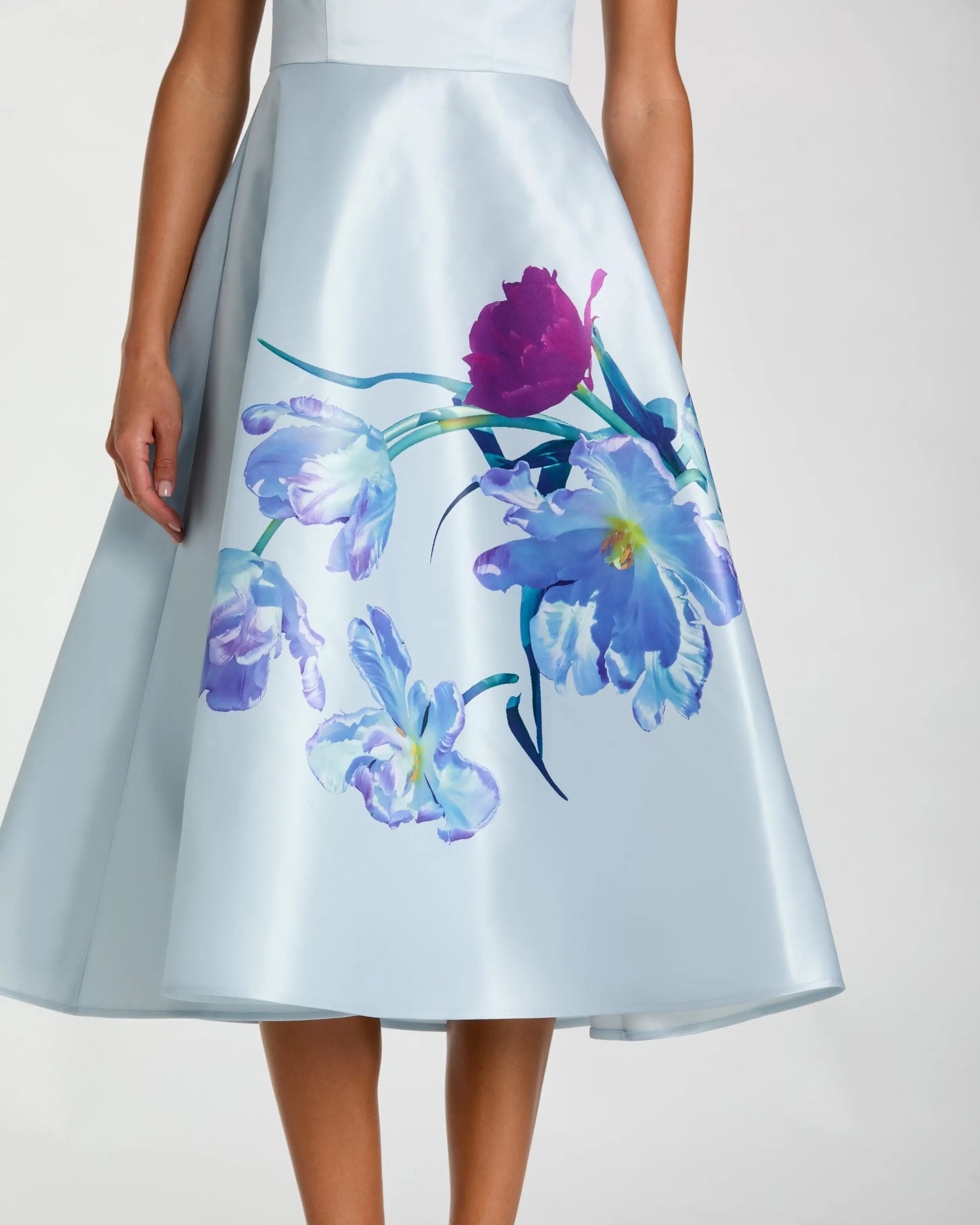Blue Satin Cap Sleeve Midi Dress With Floral Print-Myartka