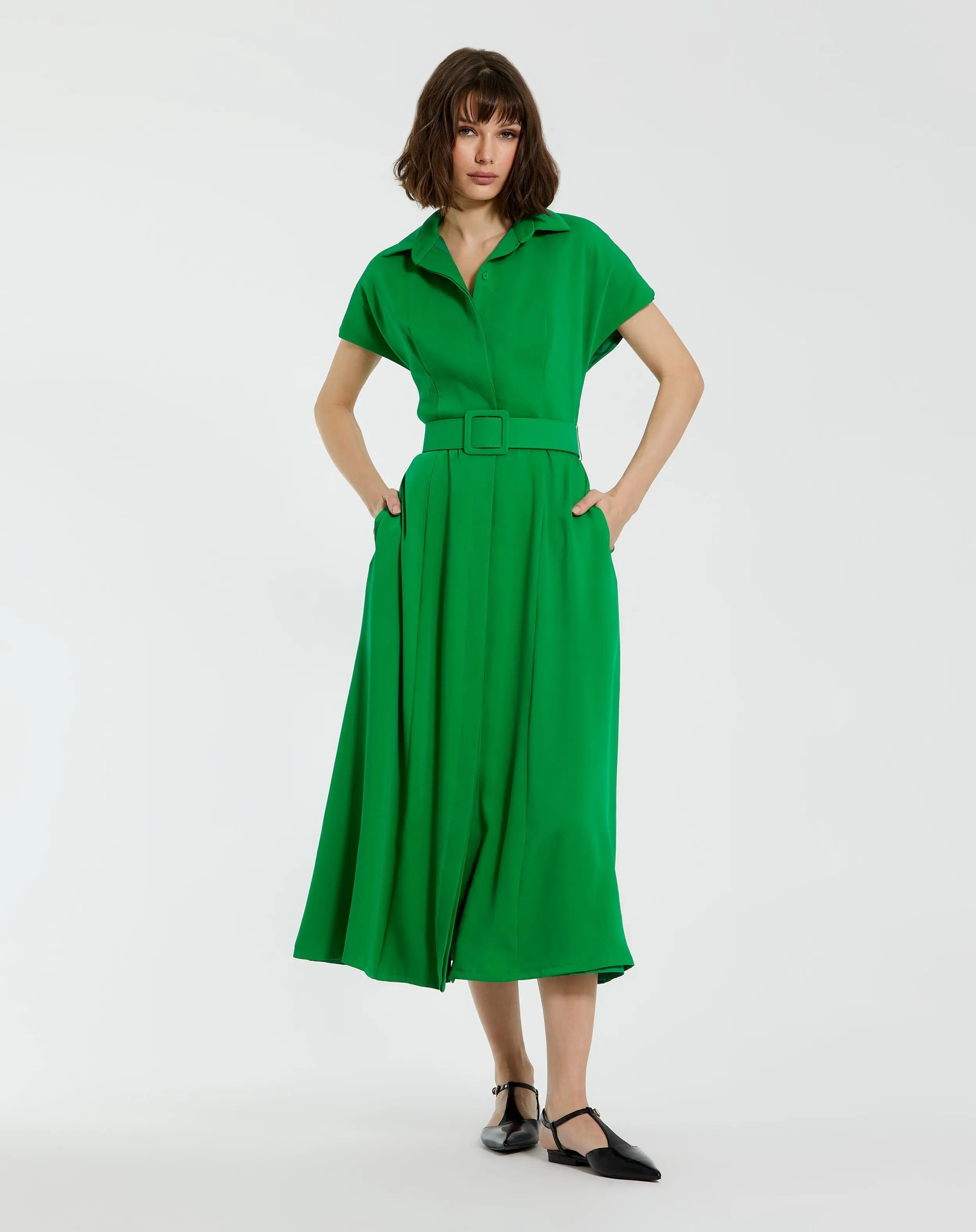 Green Crepe Collared Short Sleeve Midi Dress With Belt-Myartka