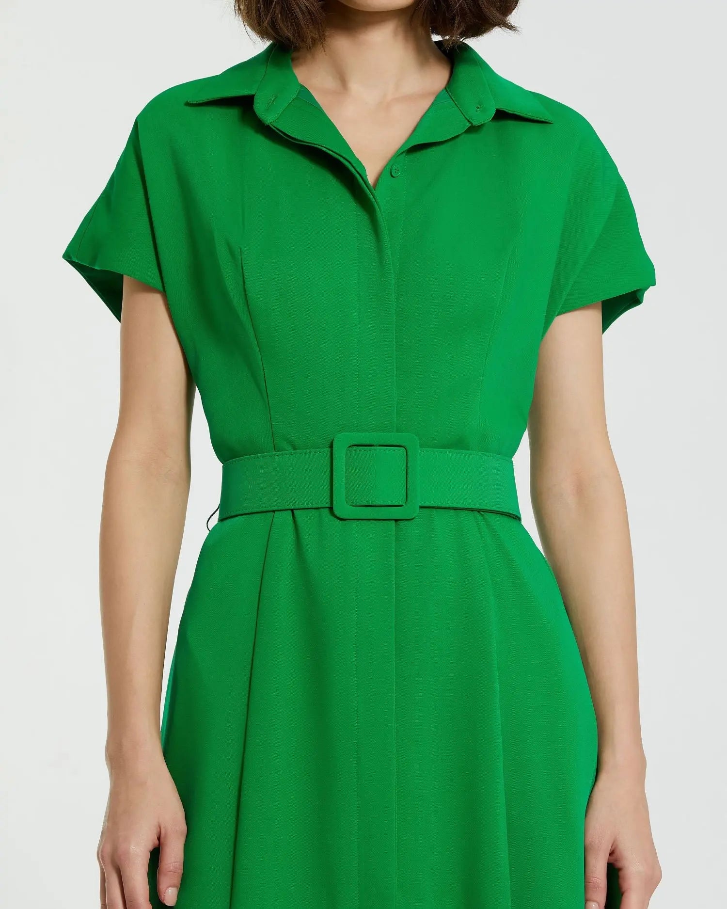 Green Crepe Collared Short Sleeve Midi Dress With Belt-Myartka