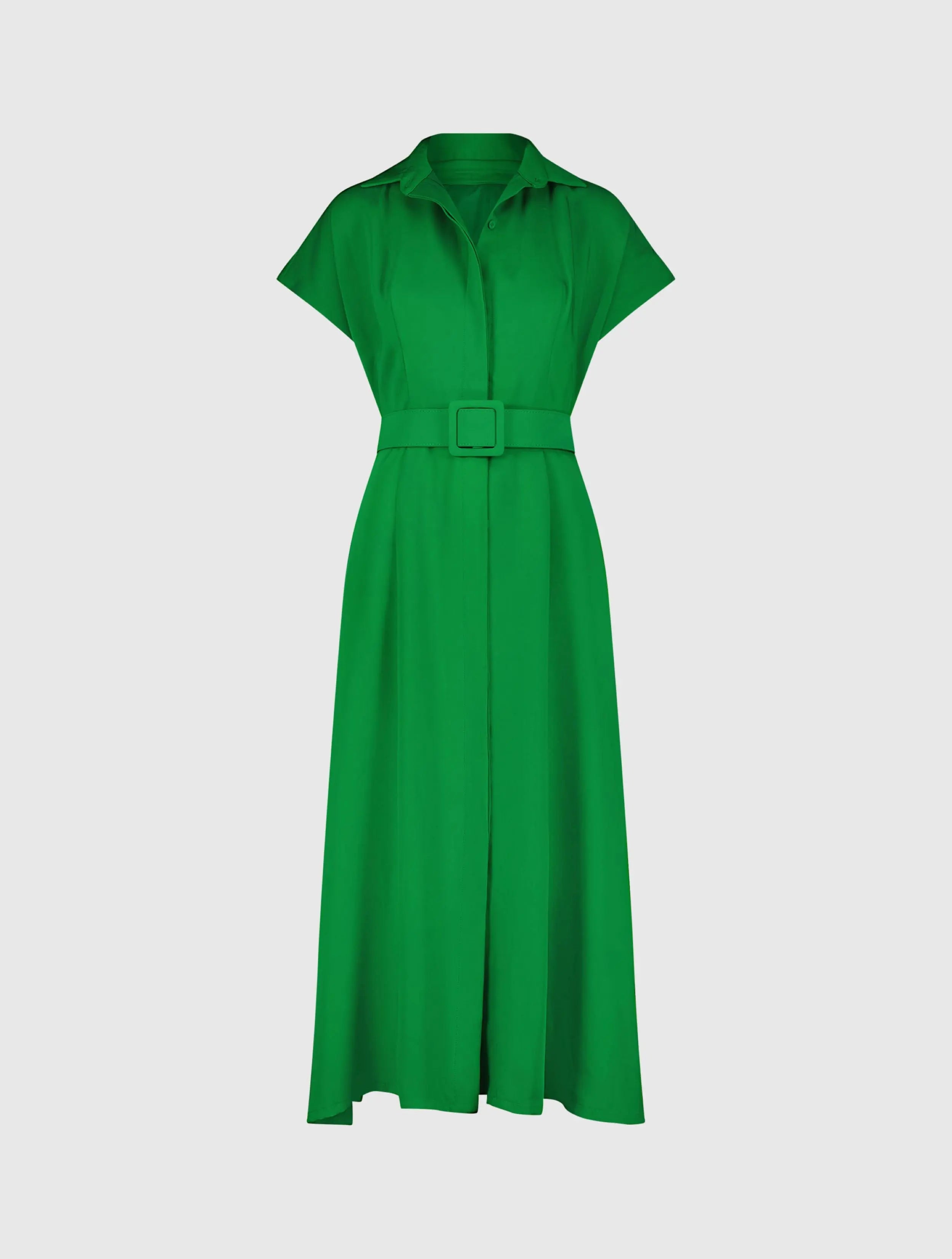 Green Crepe Collared Short Sleeve Midi Dress With Belt-Myartka