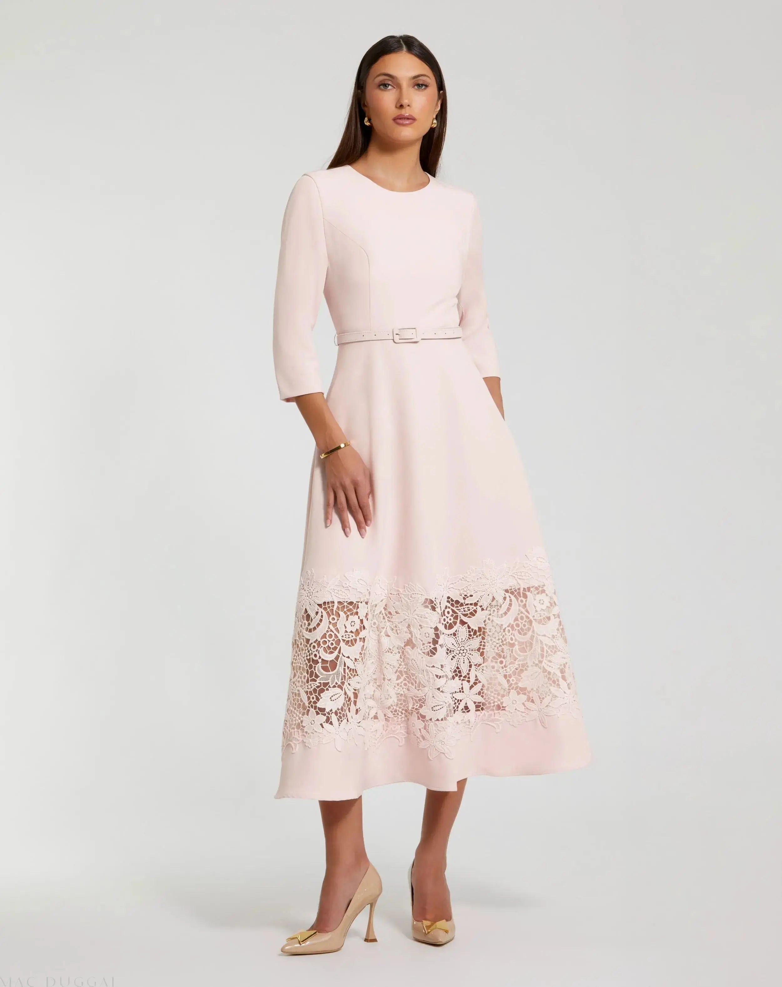 Pink Crepe Boat Neck Midi Dress With Applique Cut Out-Myartka