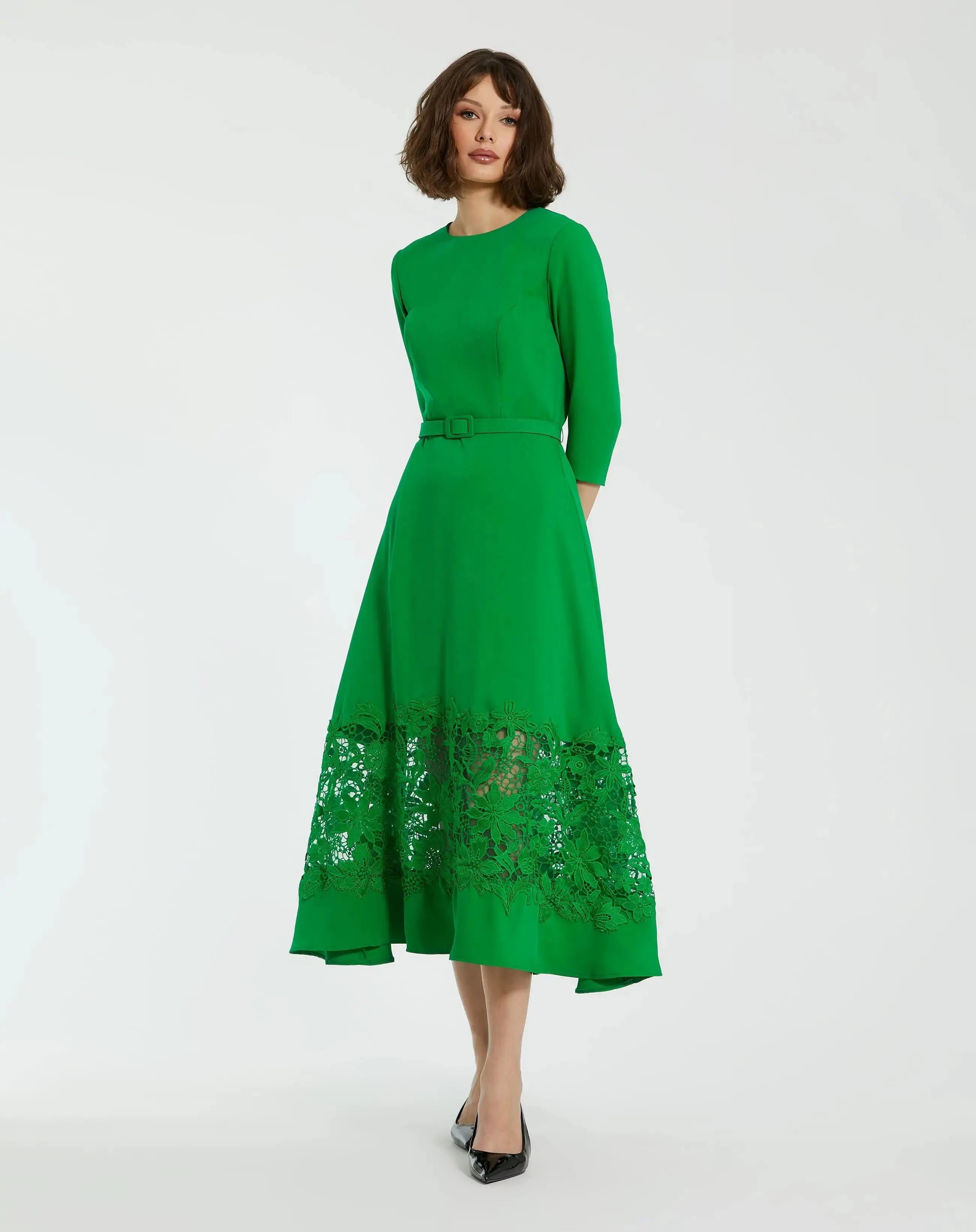 Green Crepe Boat Neck Midi Dress With Applique Cut Out-Myartka