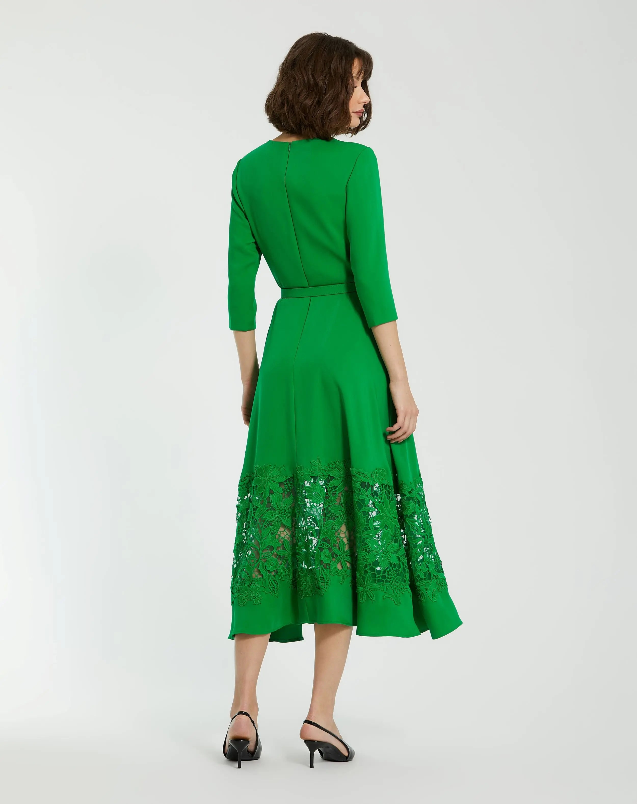 Green Crepe Boat Neck Midi Dress With Applique Cut Out-Myartka