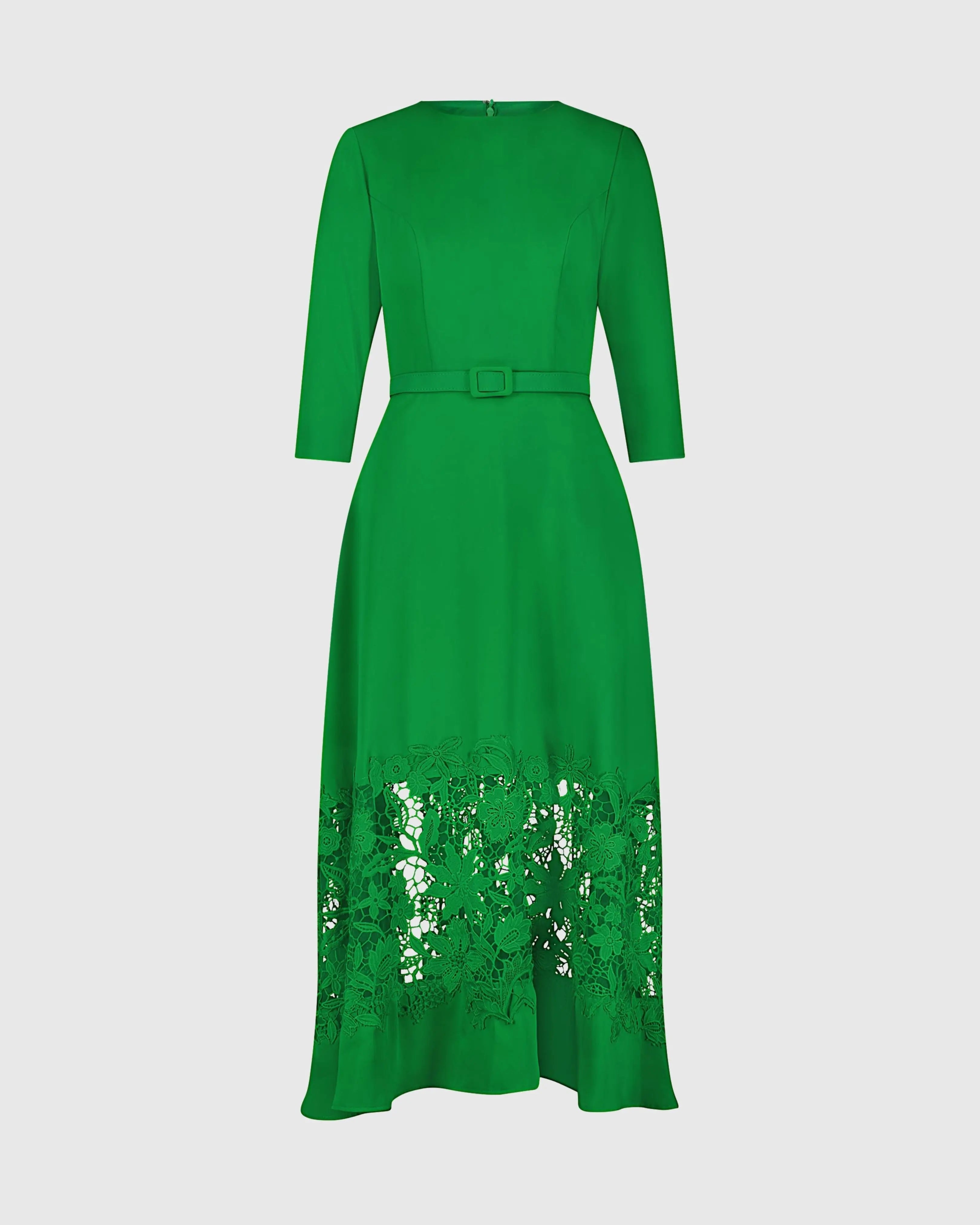 Green Crepe Boat Neck Midi Dress With Applique Cut Out-Myartka