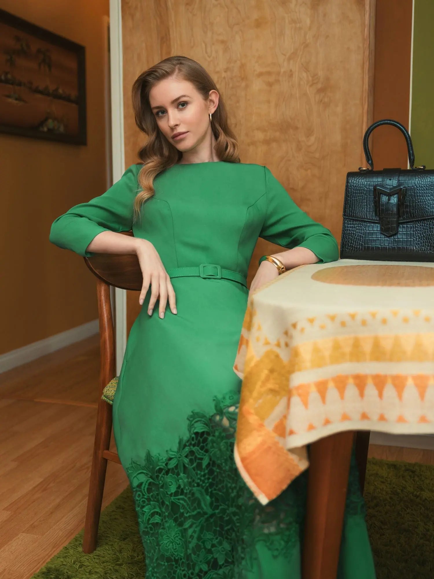 Green Crepe Boat Neck Midi Dress With Applique Cut Out-Myartka