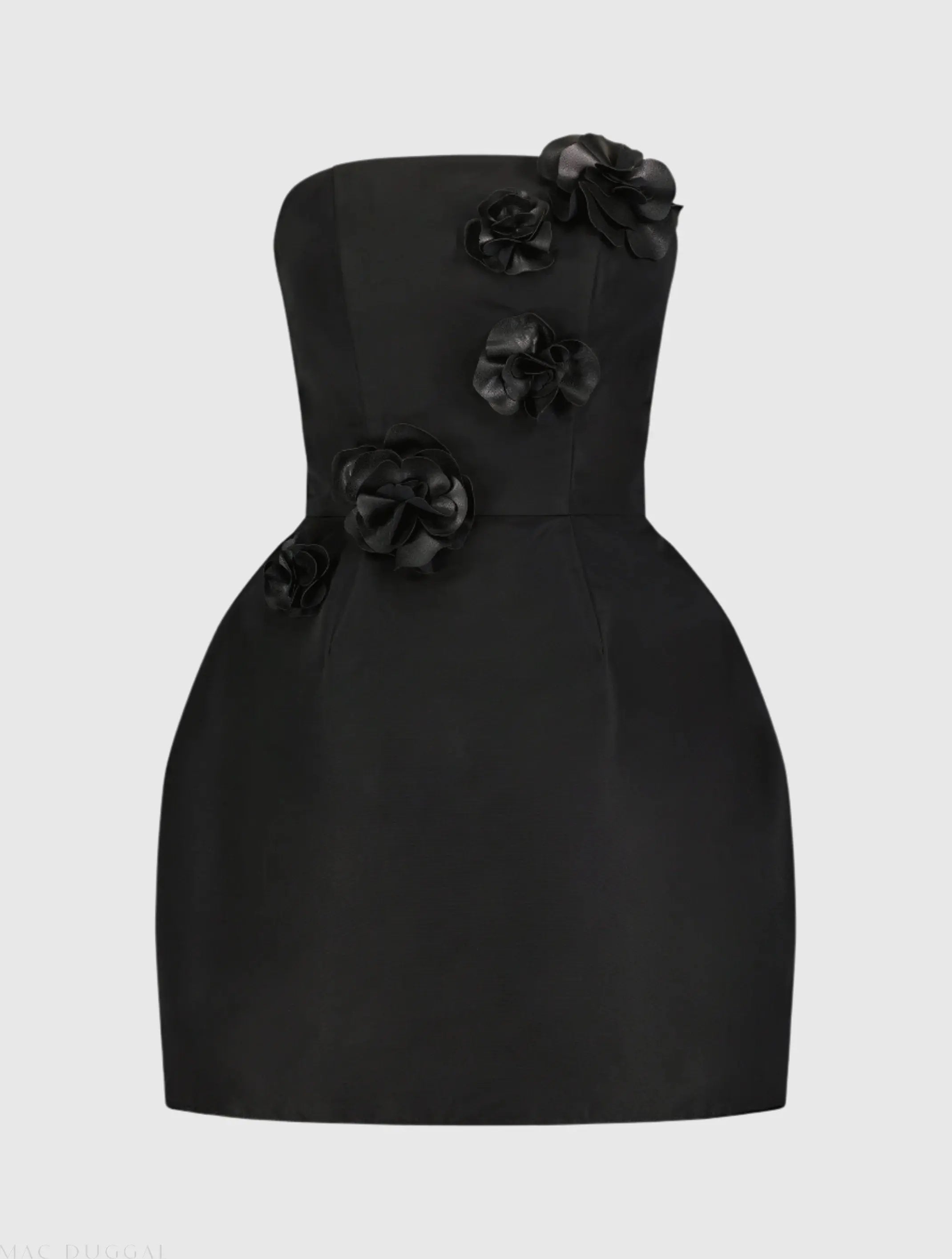 Black Strapless Faille Mini Dress With 3D Flower Detail-Myartka