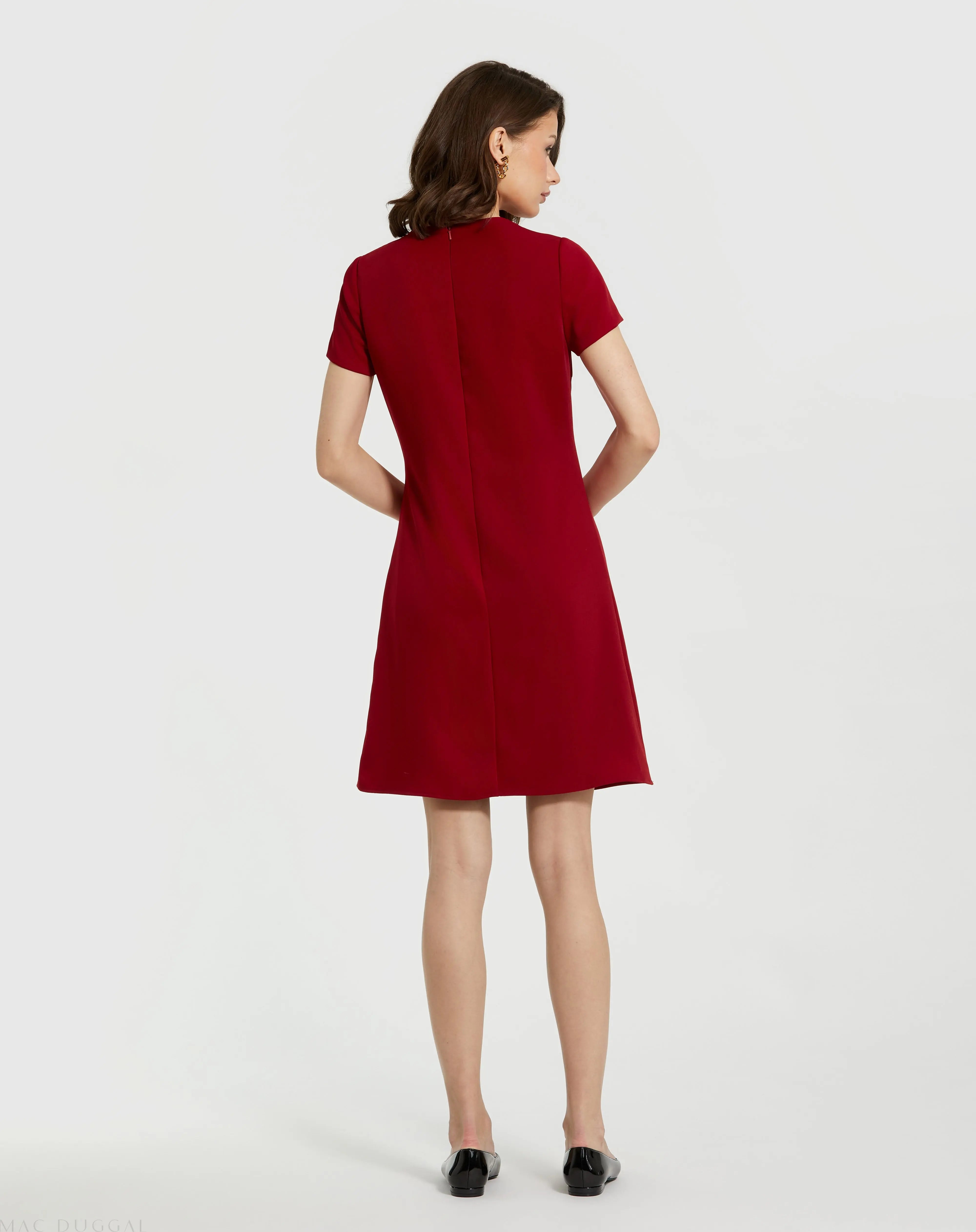 Red Crepe Cap Sleeve Mini Dress With 3D Flower Details-Myartka