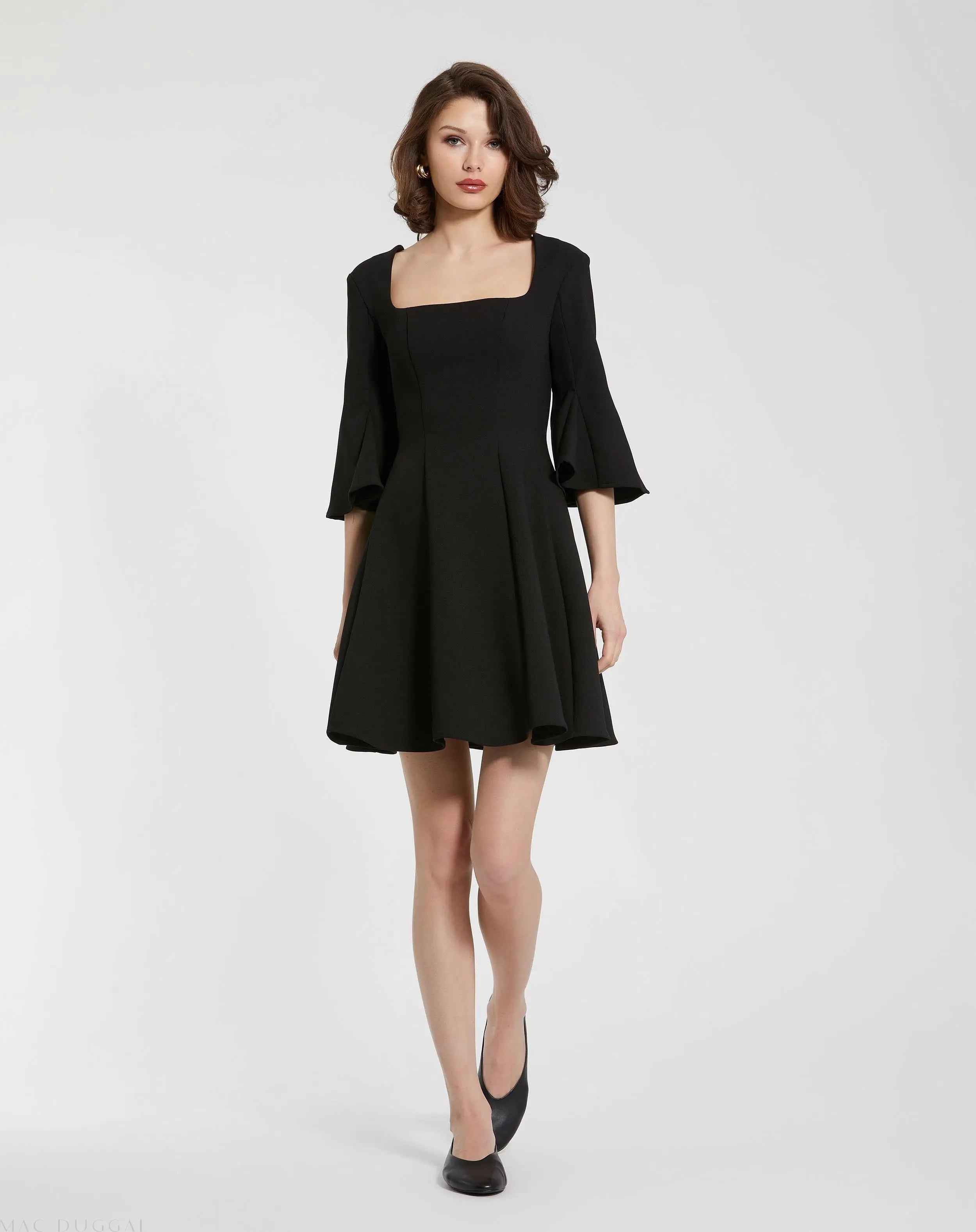 Black Crepe Square Neck 3/4 Sleeve Godet Mini Dress - FINAL SALE-Myartka
