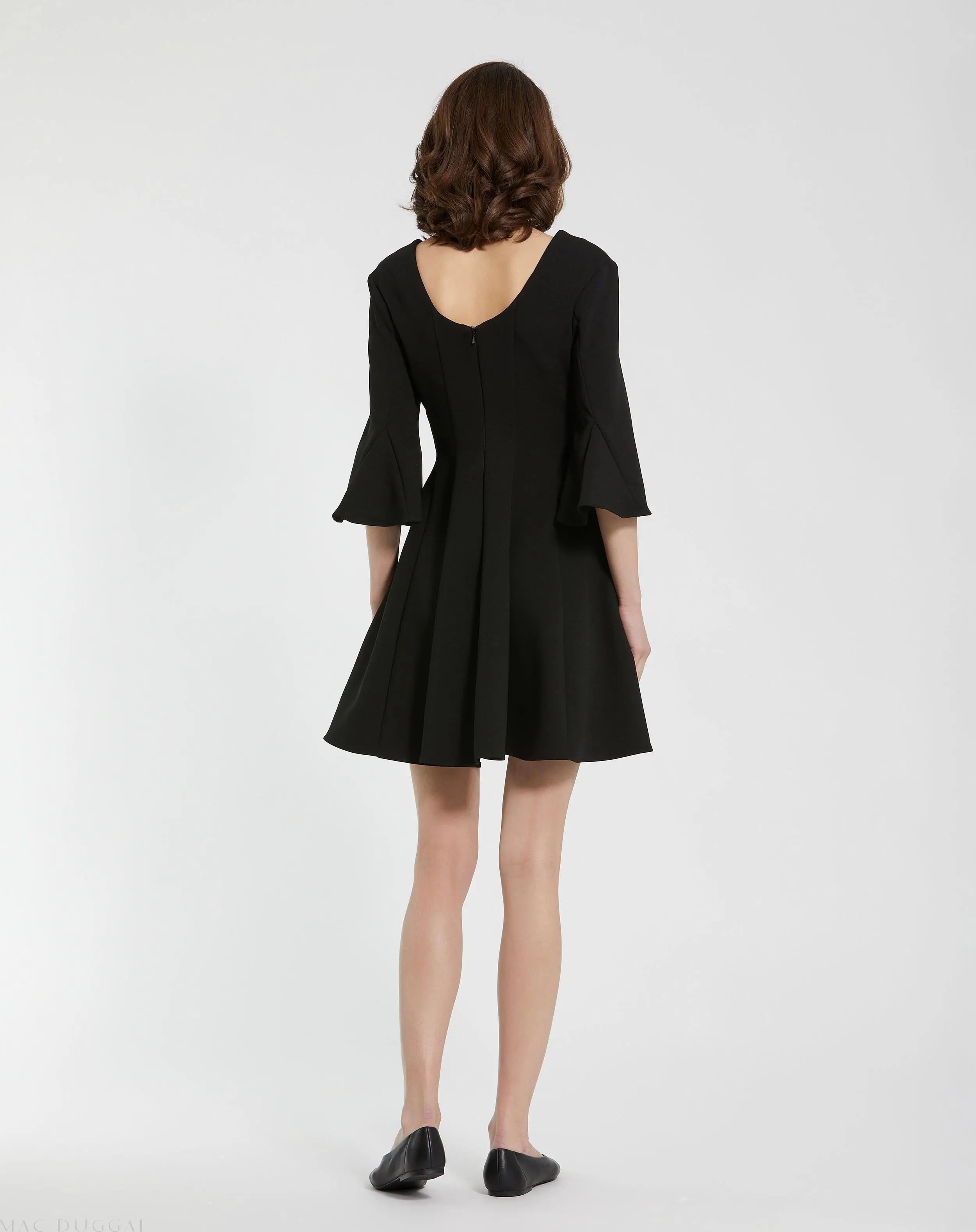Black Crepe Square Neck 3/4 Sleeve Godet Mini Dress - FINAL SALE-Myartka