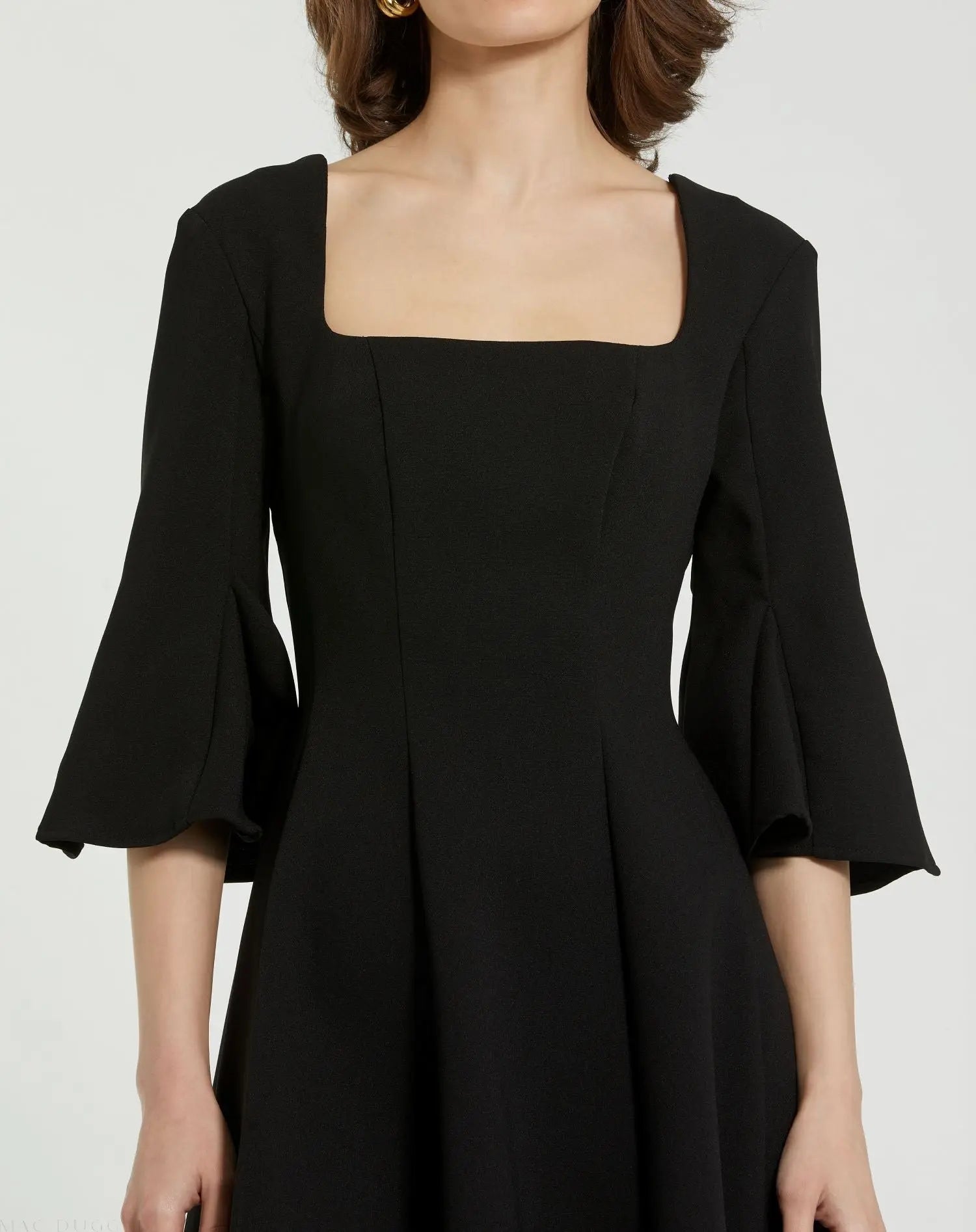 Black Crepe Square Neck 3/4 Sleeve Godet Mini Dress - FINAL SALE-Myartka
