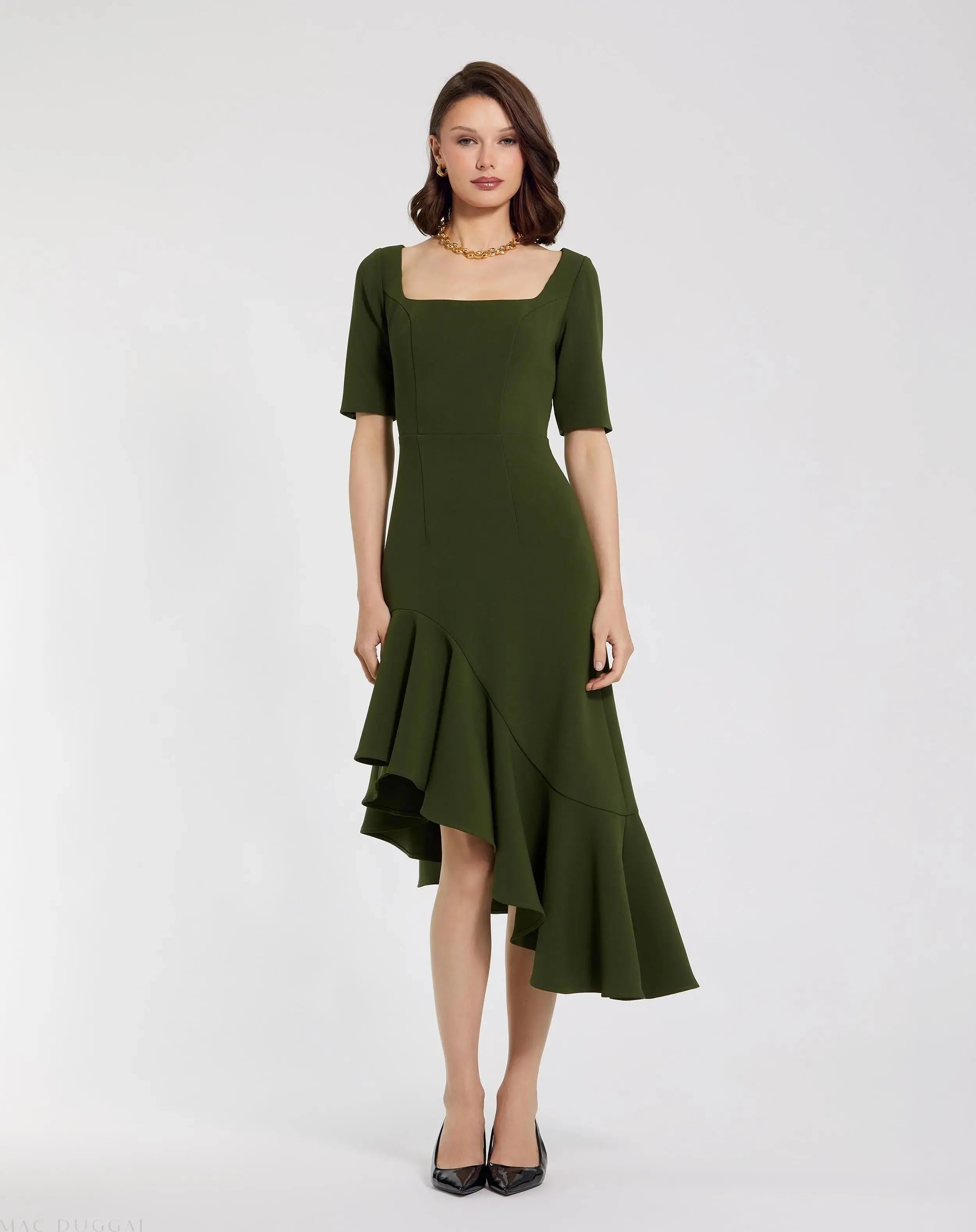 Green Crepe 3/4 Sleeve Asymmetrical Hem Dress - FINAL SALE-Myartka