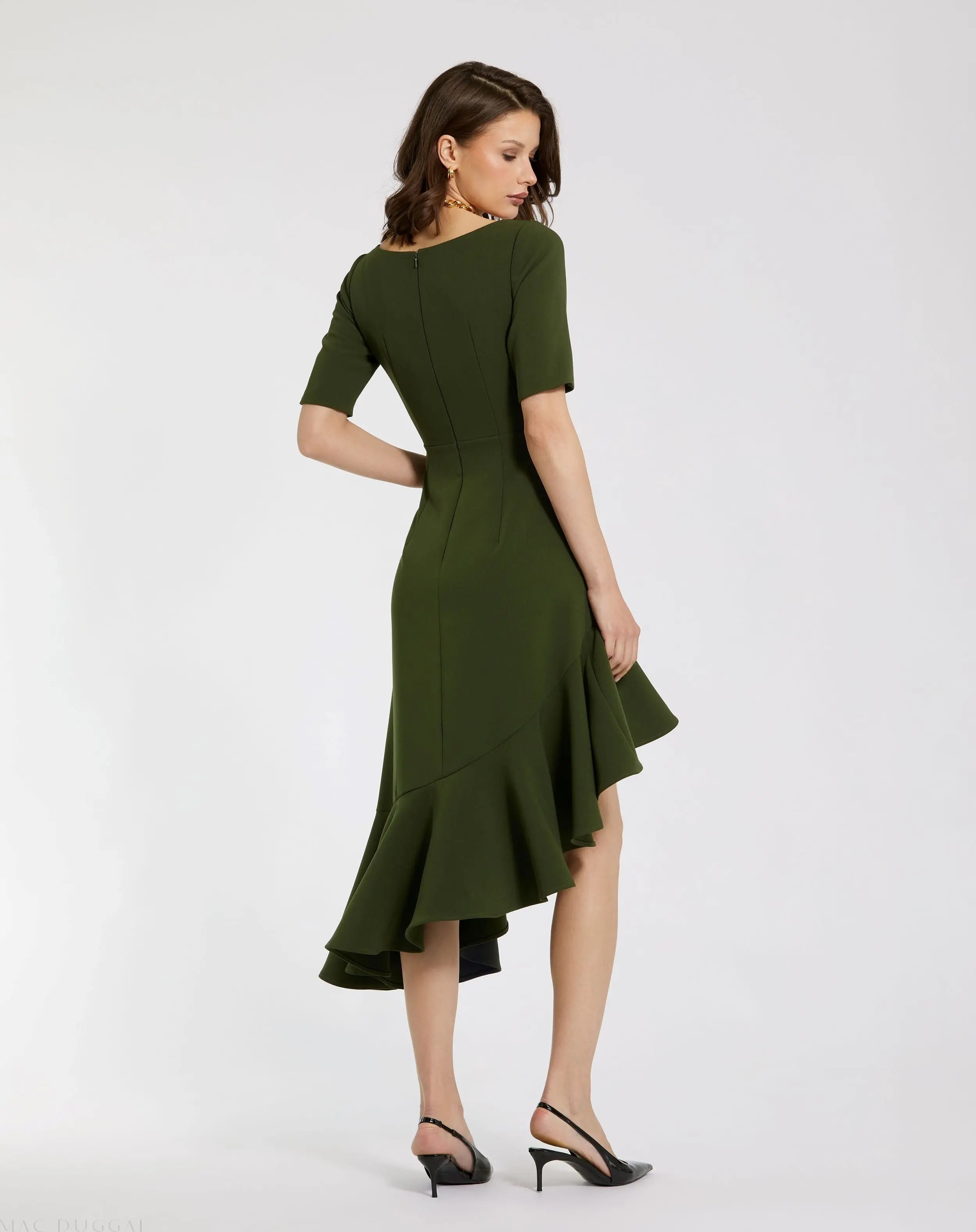 Green Crepe 3/4 Sleeve Asymmetrical Hem Dress - FINAL SALE-Myartka
