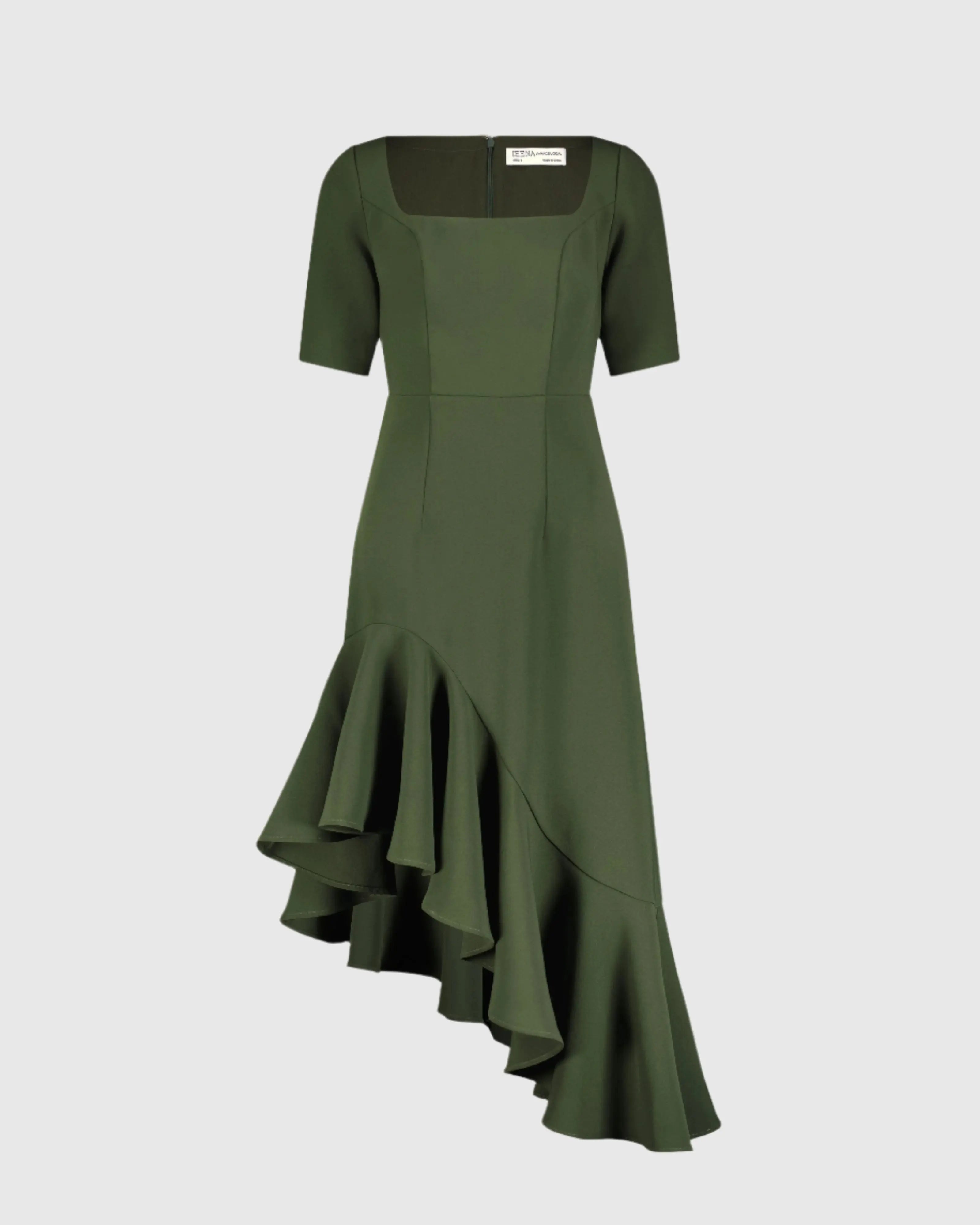 Green Crepe 3/4 Sleeve Asymmetrical Hem Dress - FINAL SALE-Myartka
