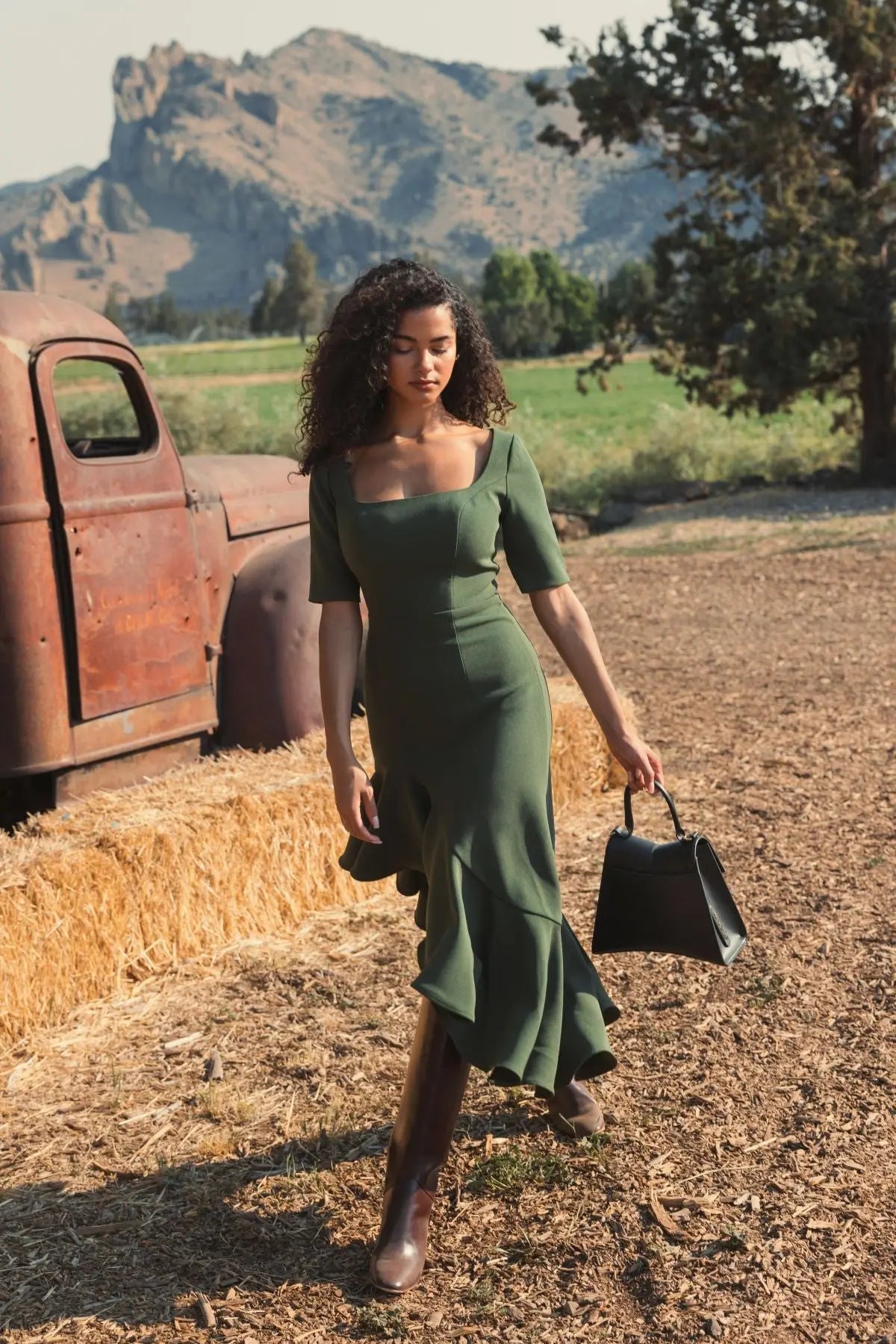 Green Crepe 3/4 Sleeve Asymmetrical Hem Dress - FINAL SALE-Myartka