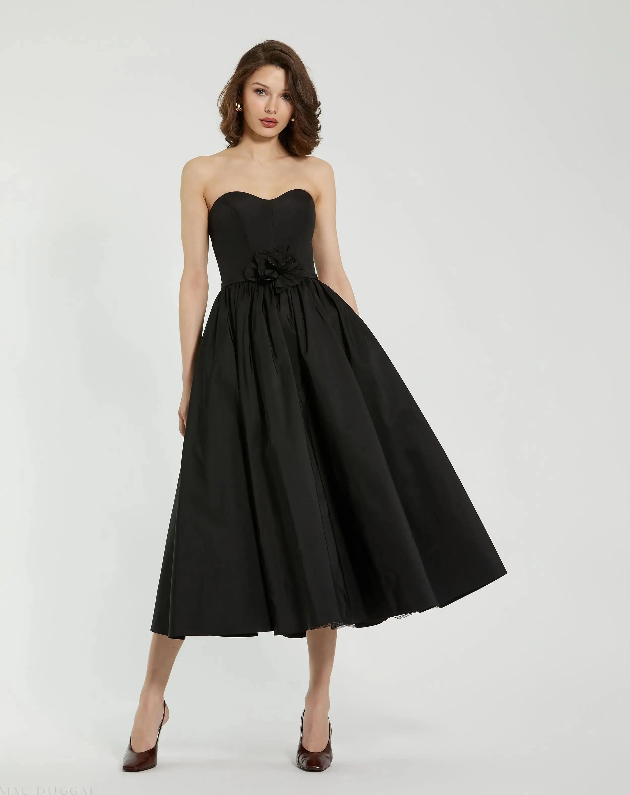 Black Faille Strapless A Line Midi Dress With 3D Rose - FINAL SALE-Myartka