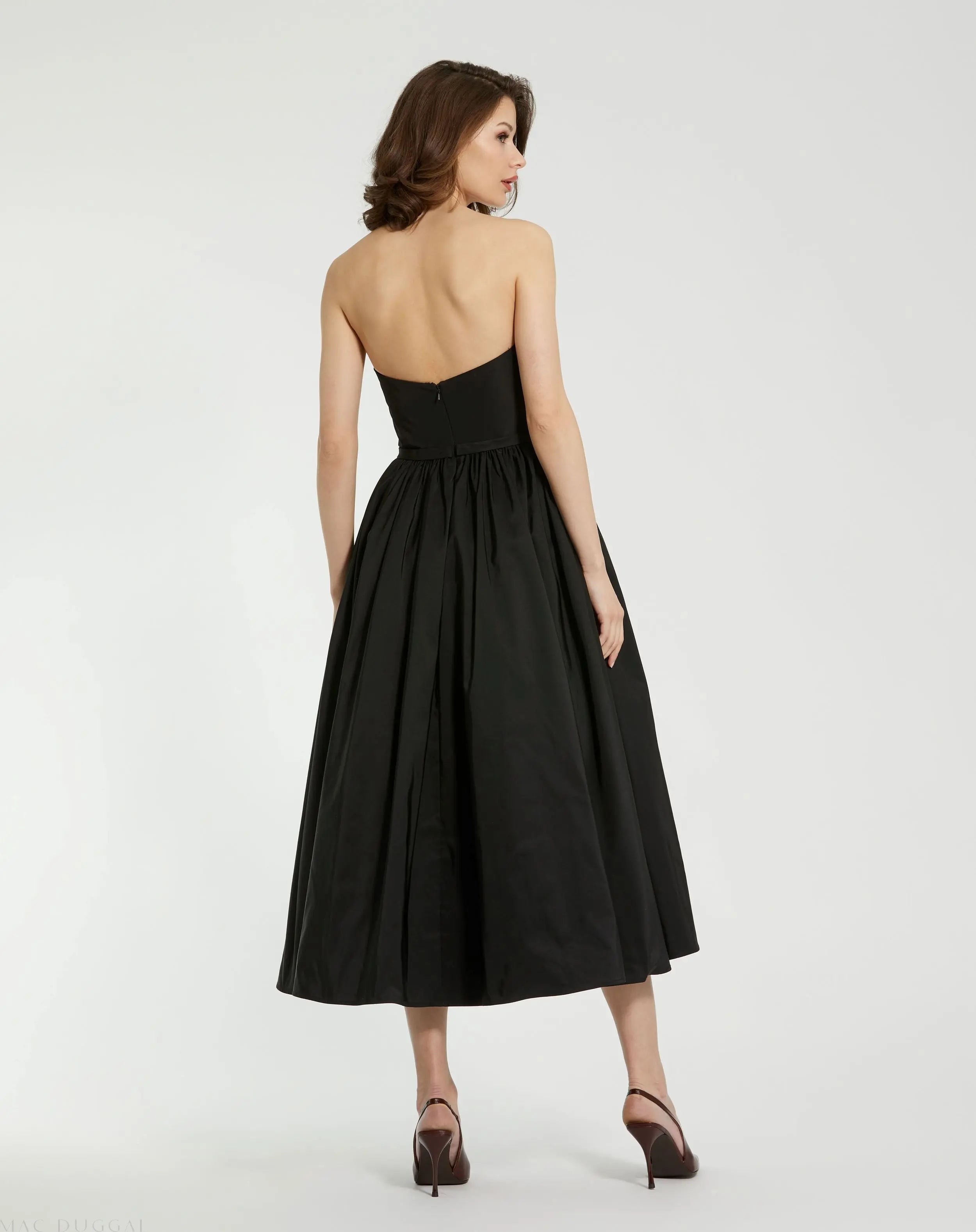 Black Faille Strapless A Line Midi Dress With 3D Rose - FINAL SALE-Myartka