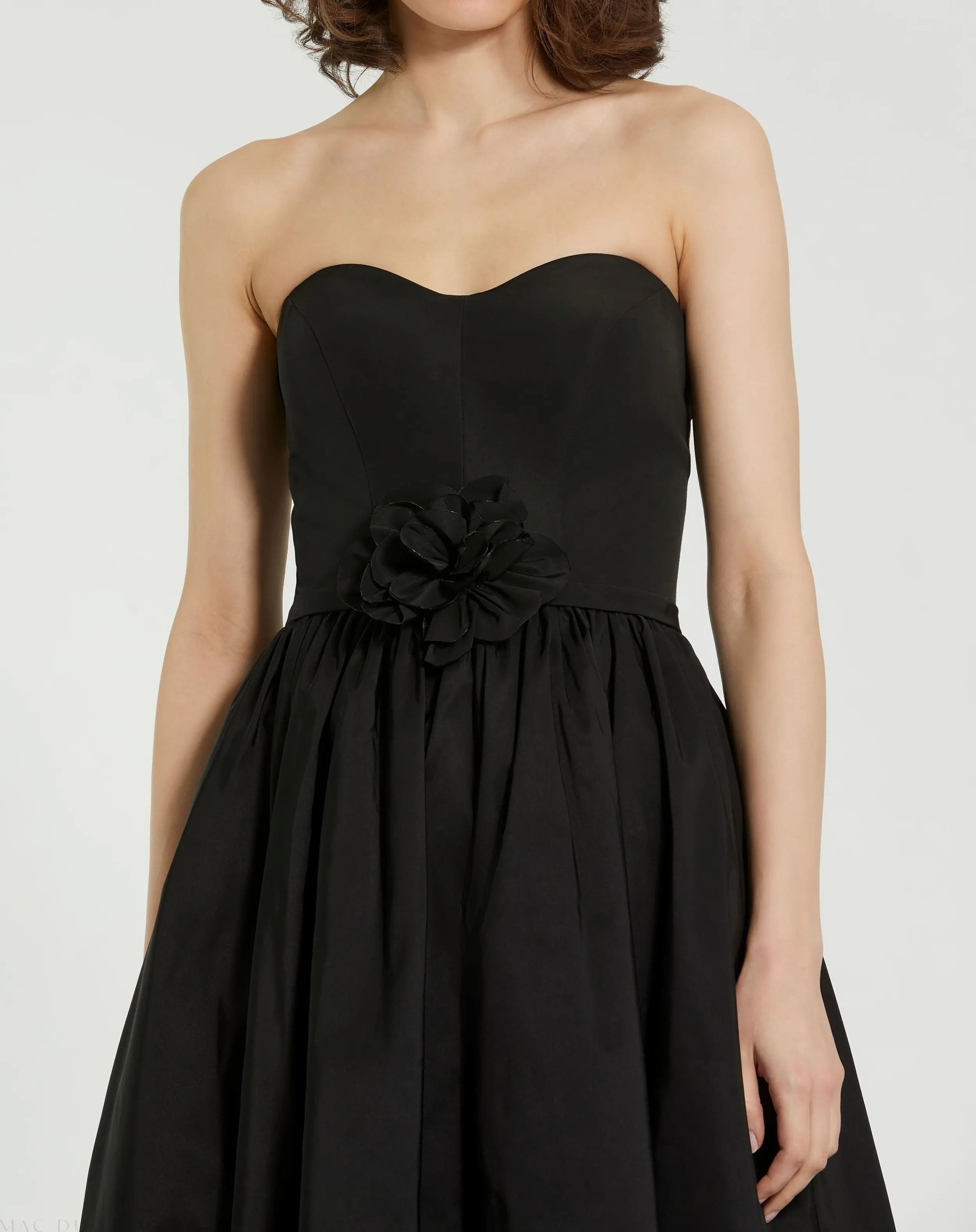 Black Faille Strapless A Line Midi Dress With 3D Rose - FINAL SALE-Myartka