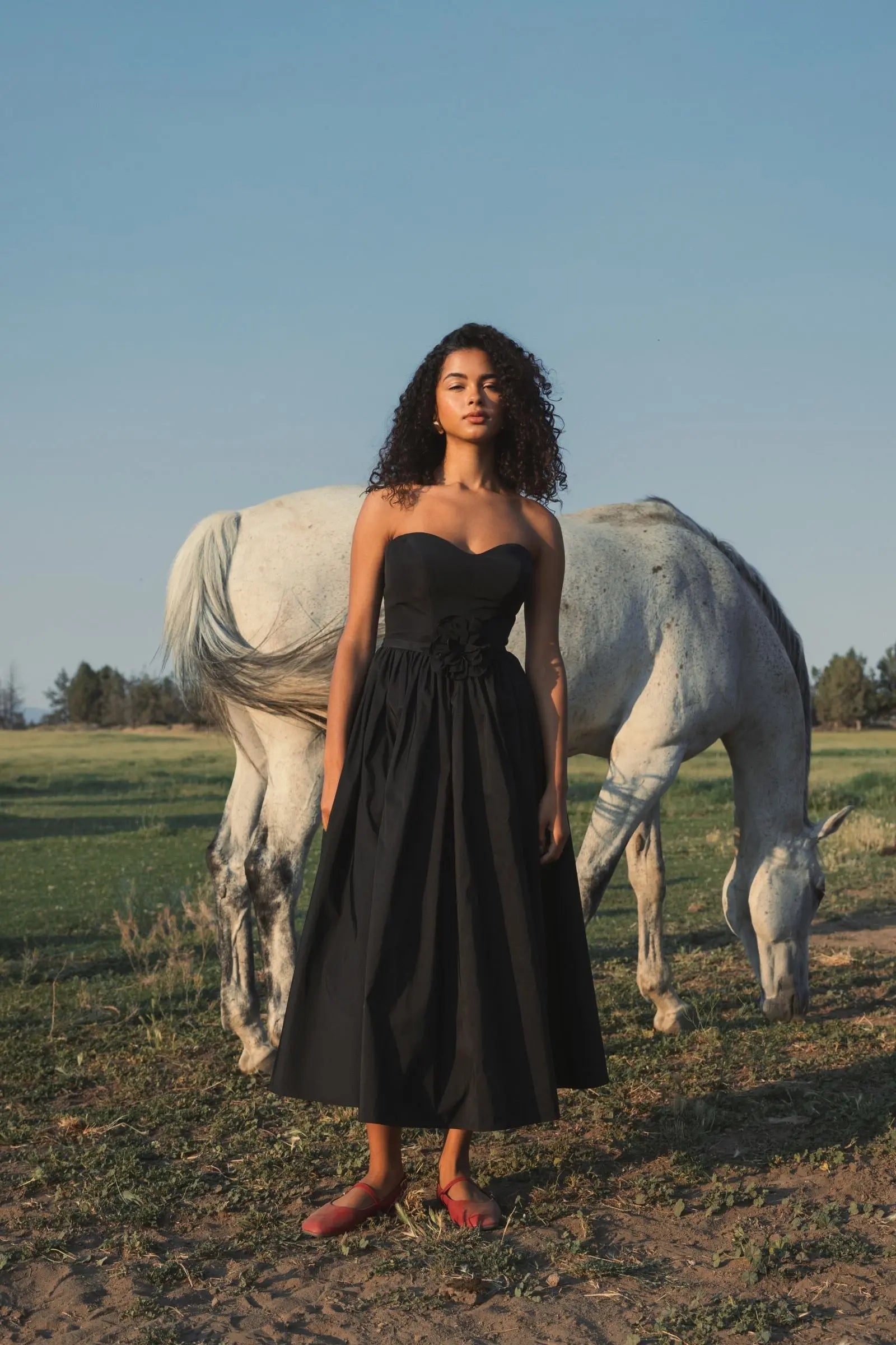 Black Faille Strapless A Line Midi Dress With 3D Rose - FINAL SALE-Myartka