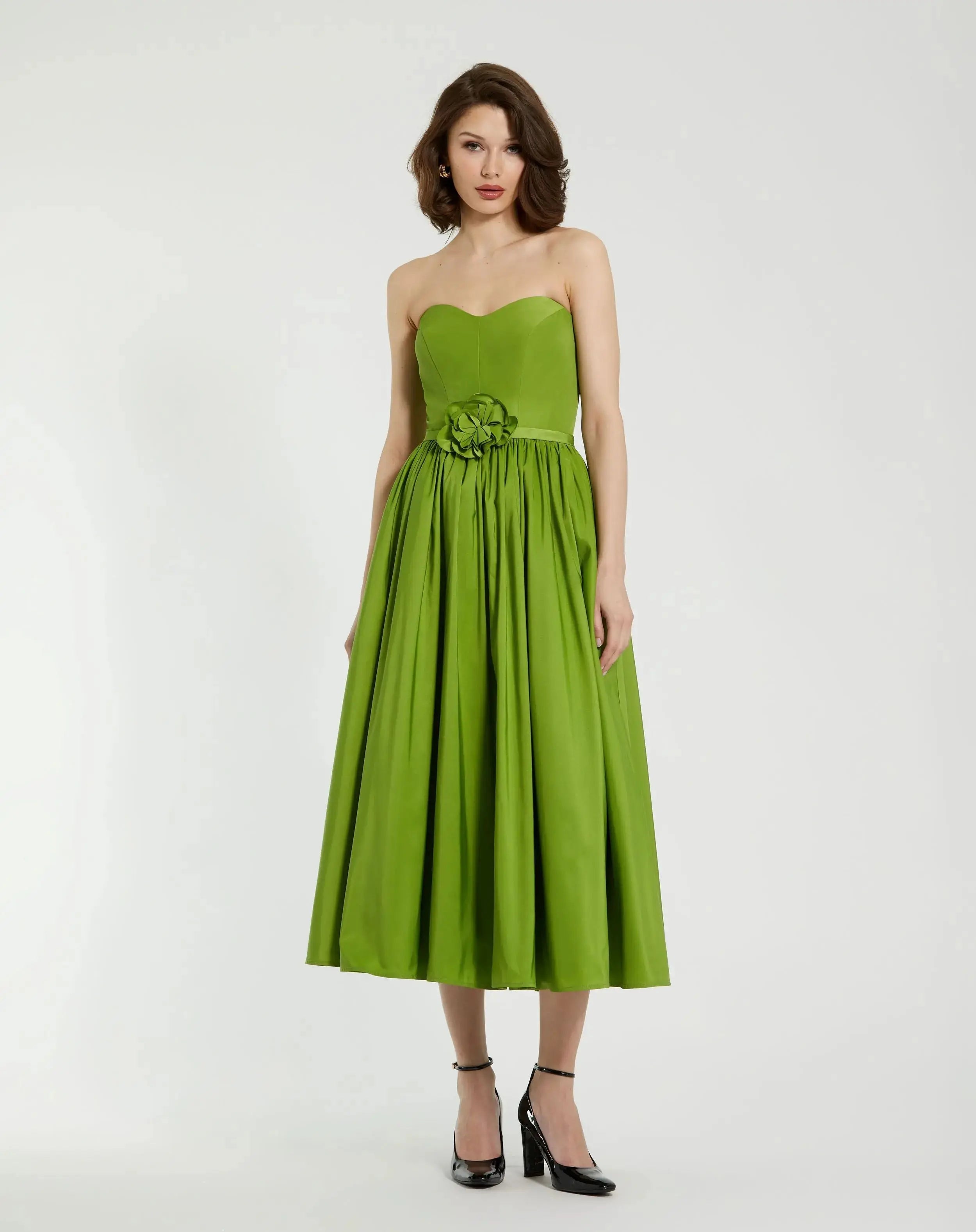 Green Faille Strapless A Line Midi Dress With 3D Rose-Myartka