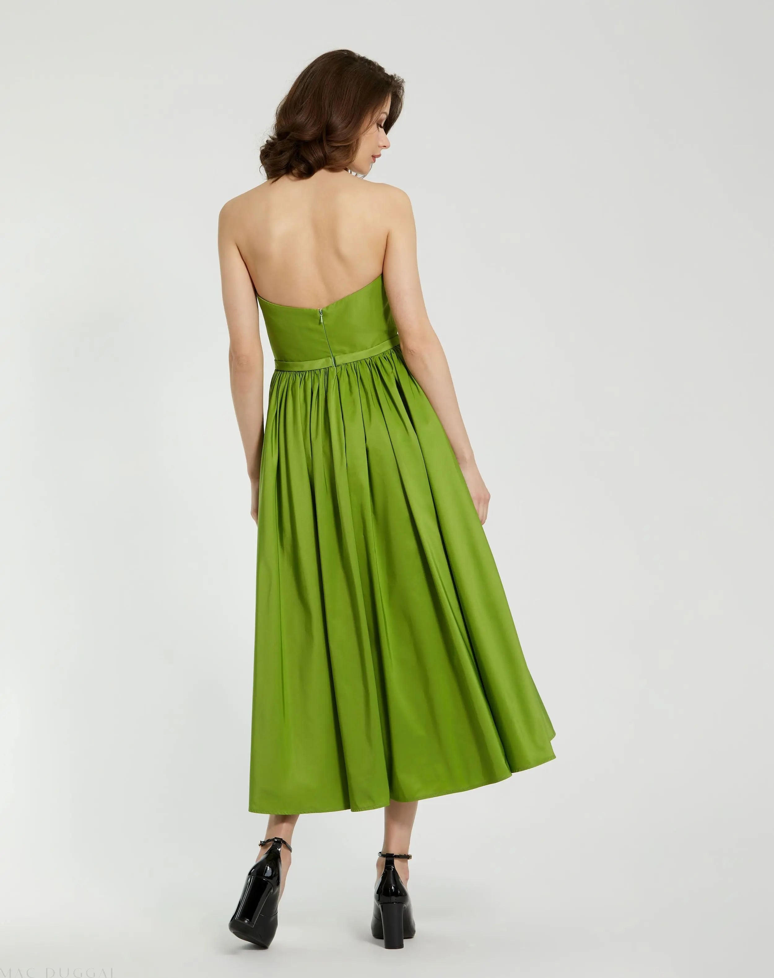 Green Faille Strapless A Line Midi Dress With 3D Rose-Myartka