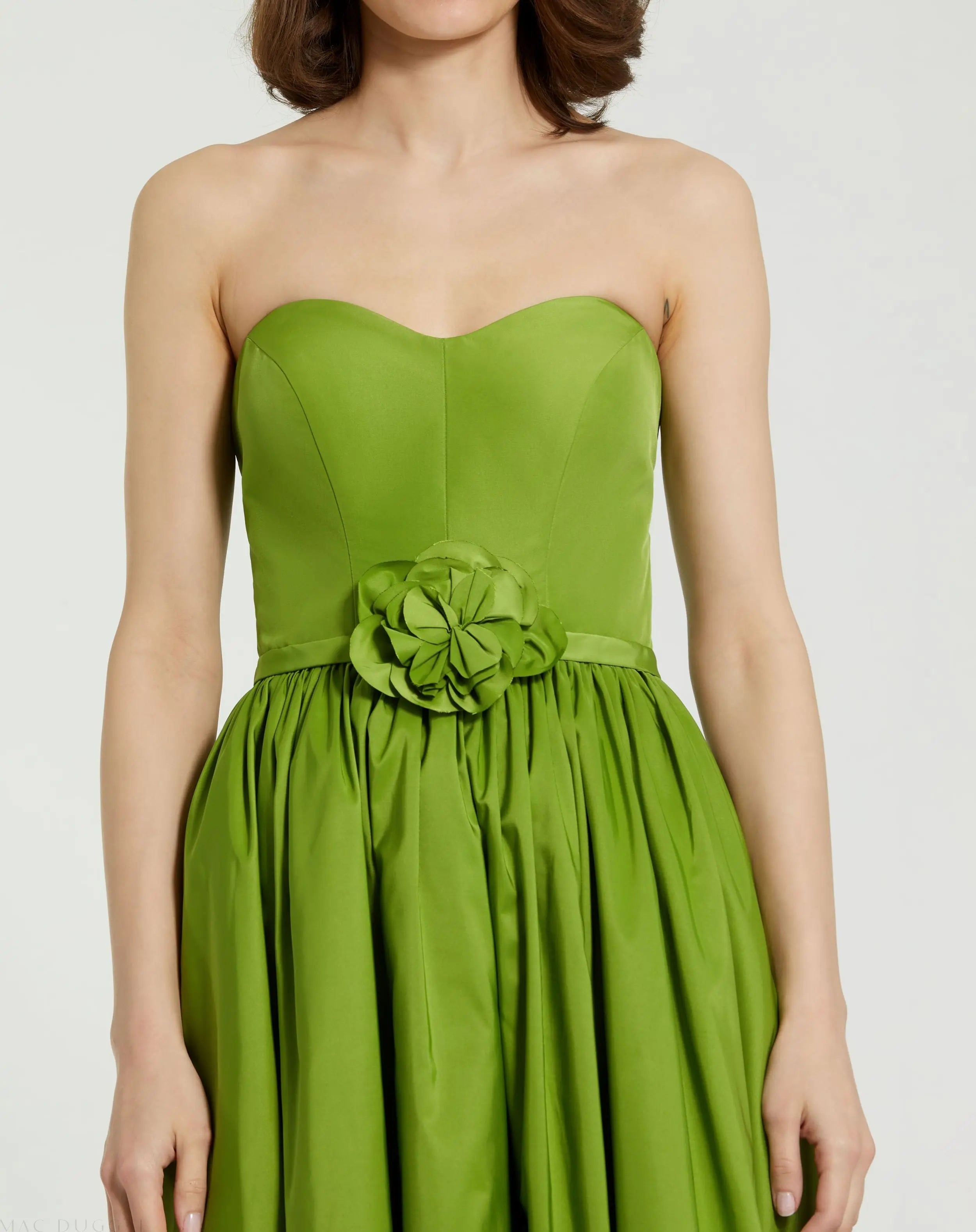 Green Faille Strapless A Line Midi Dress With 3D Rose-Myartka