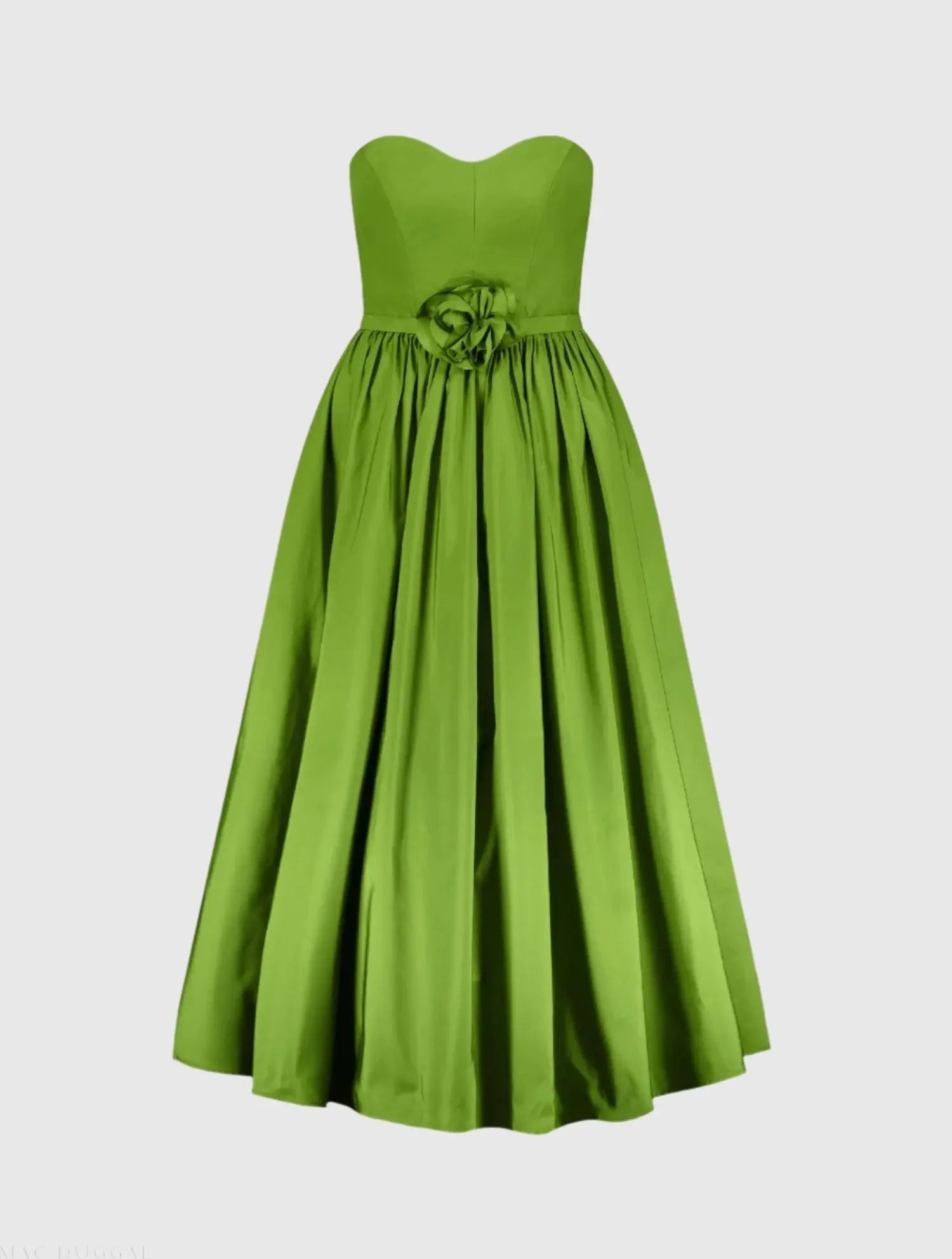 Green Faille Strapless A Line Midi Dress With 3D Rose-Myartka