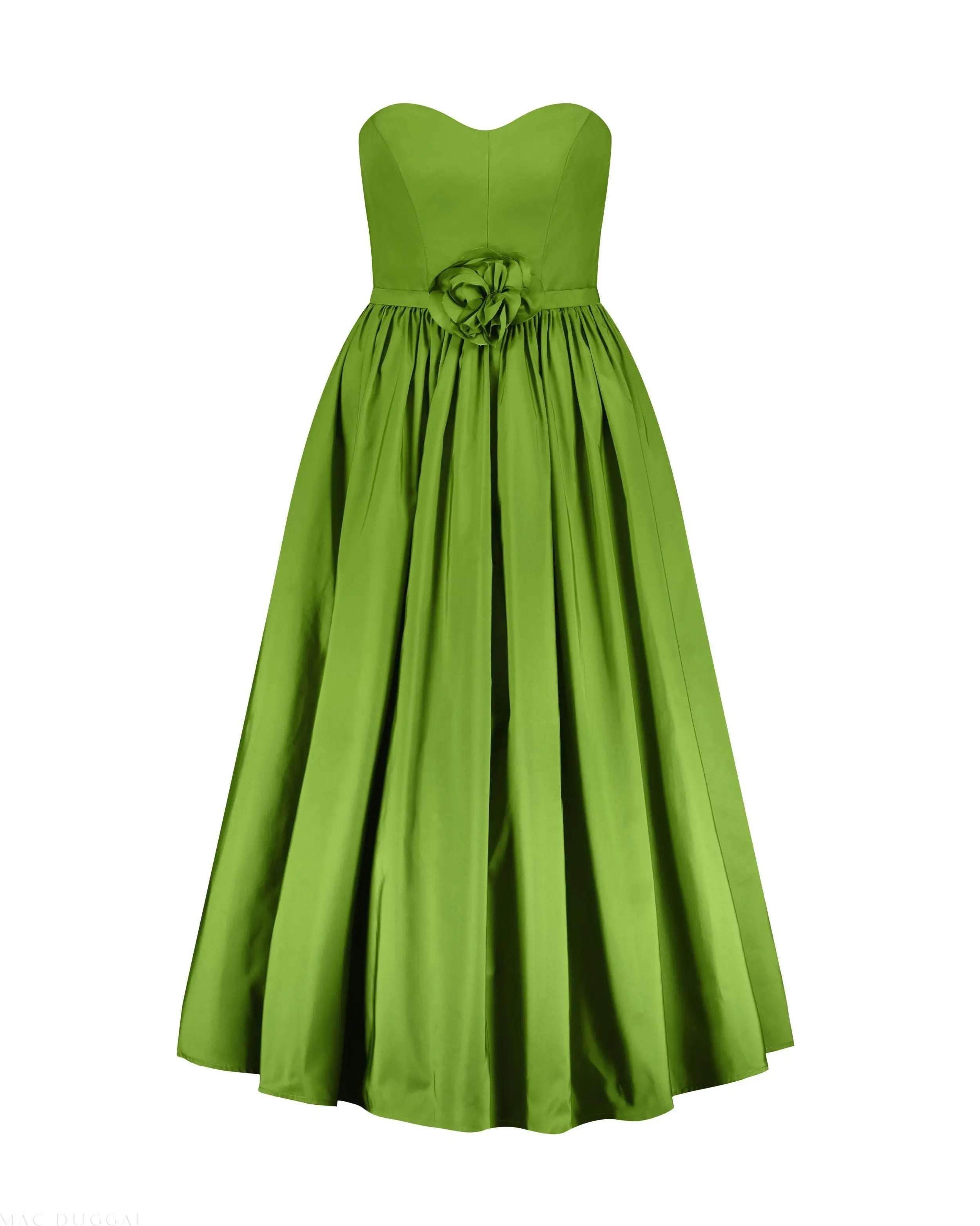 Green Faille Strapless A Line Midi Dress With 3D Rose-Myartka