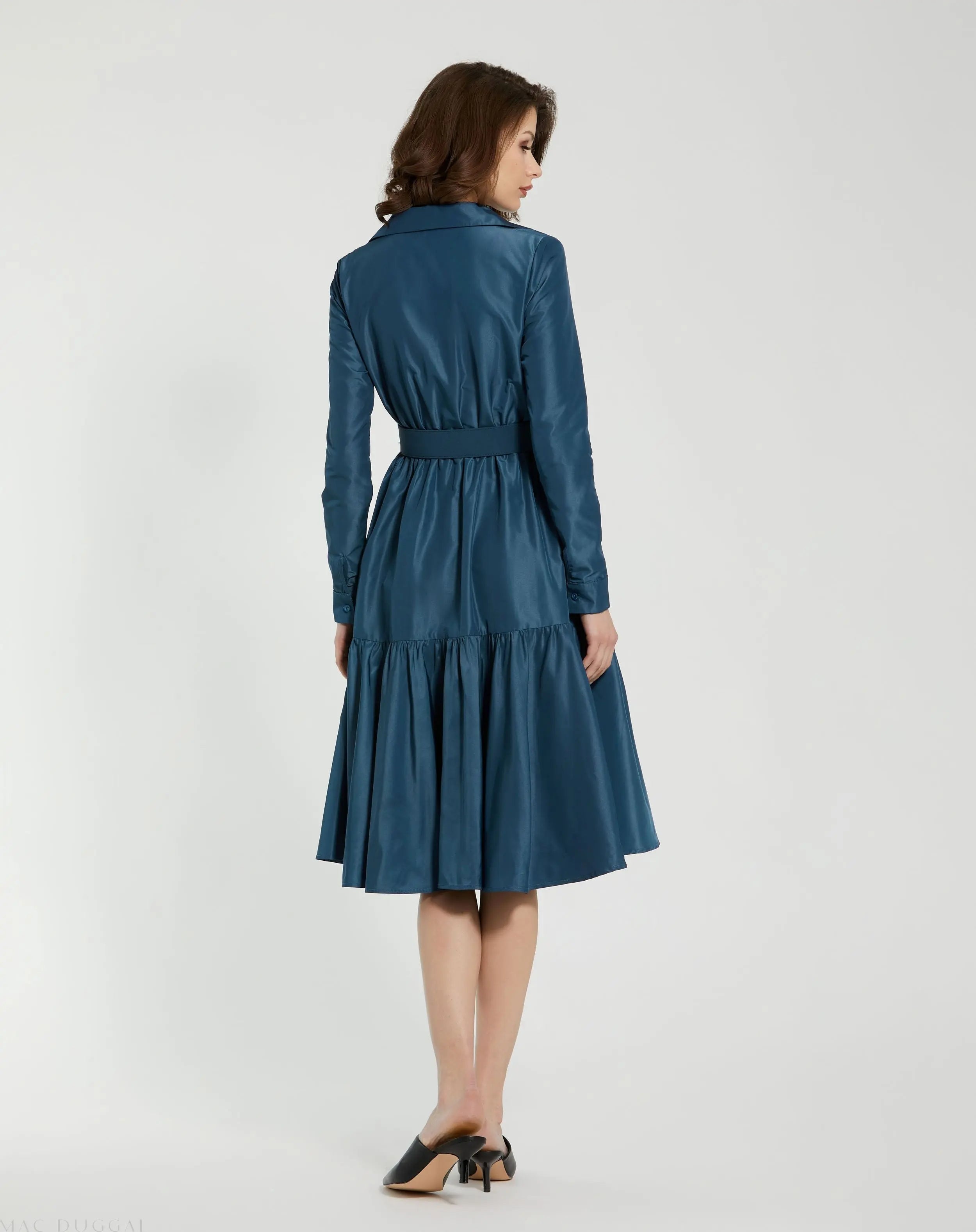 Blue Faille Long Sleeve Collared Midi Dress With Belt - FINAL SALE-Myartka