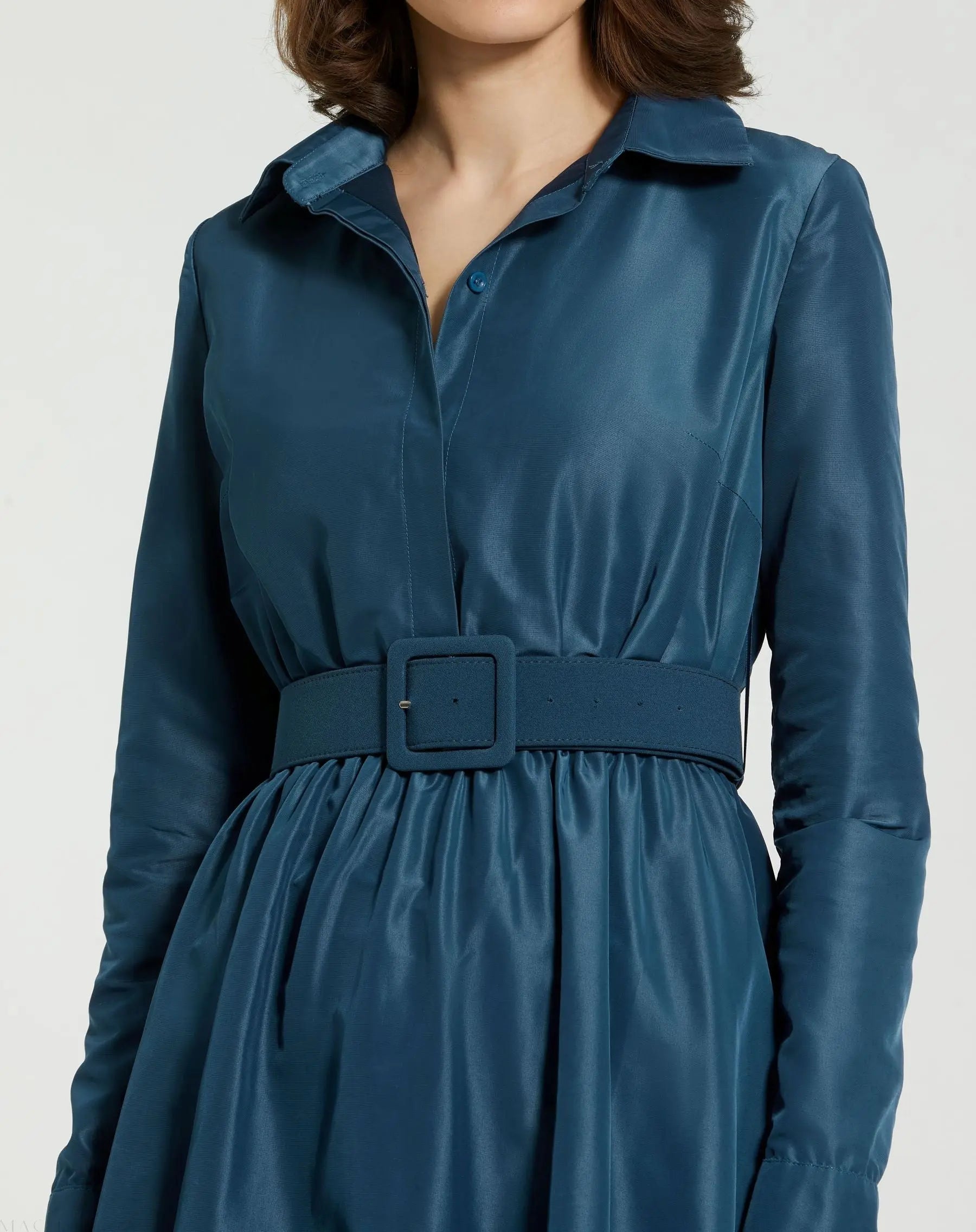 Blue Faille Long Sleeve Collared Midi Dress With Belt - FINAL SALE-Myartka