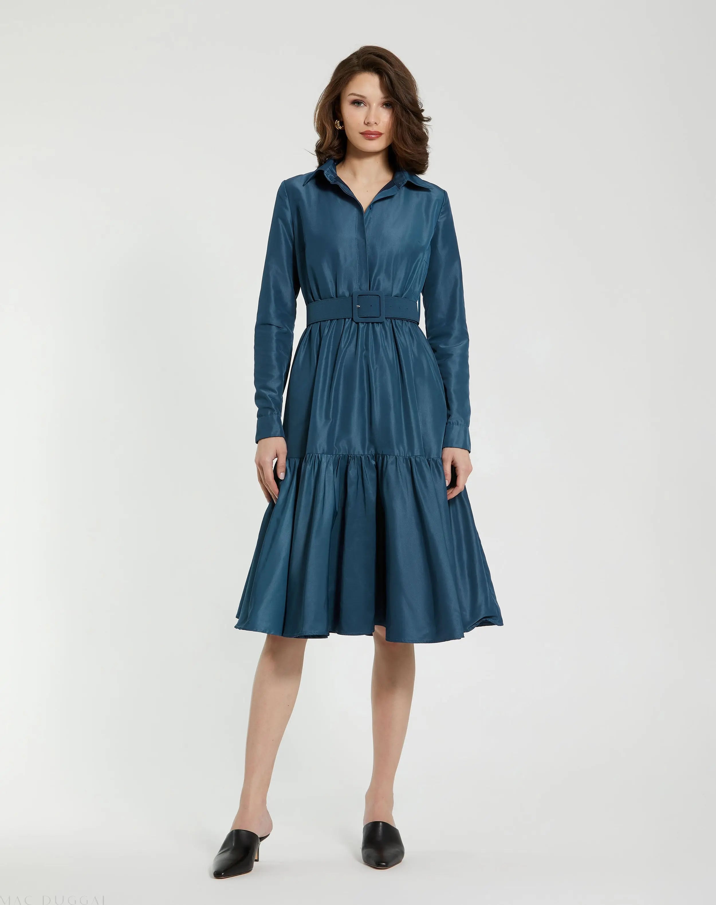 Blue Faille Long Sleeve Collared Midi Dress With Belt - FINAL SALE-Myartka