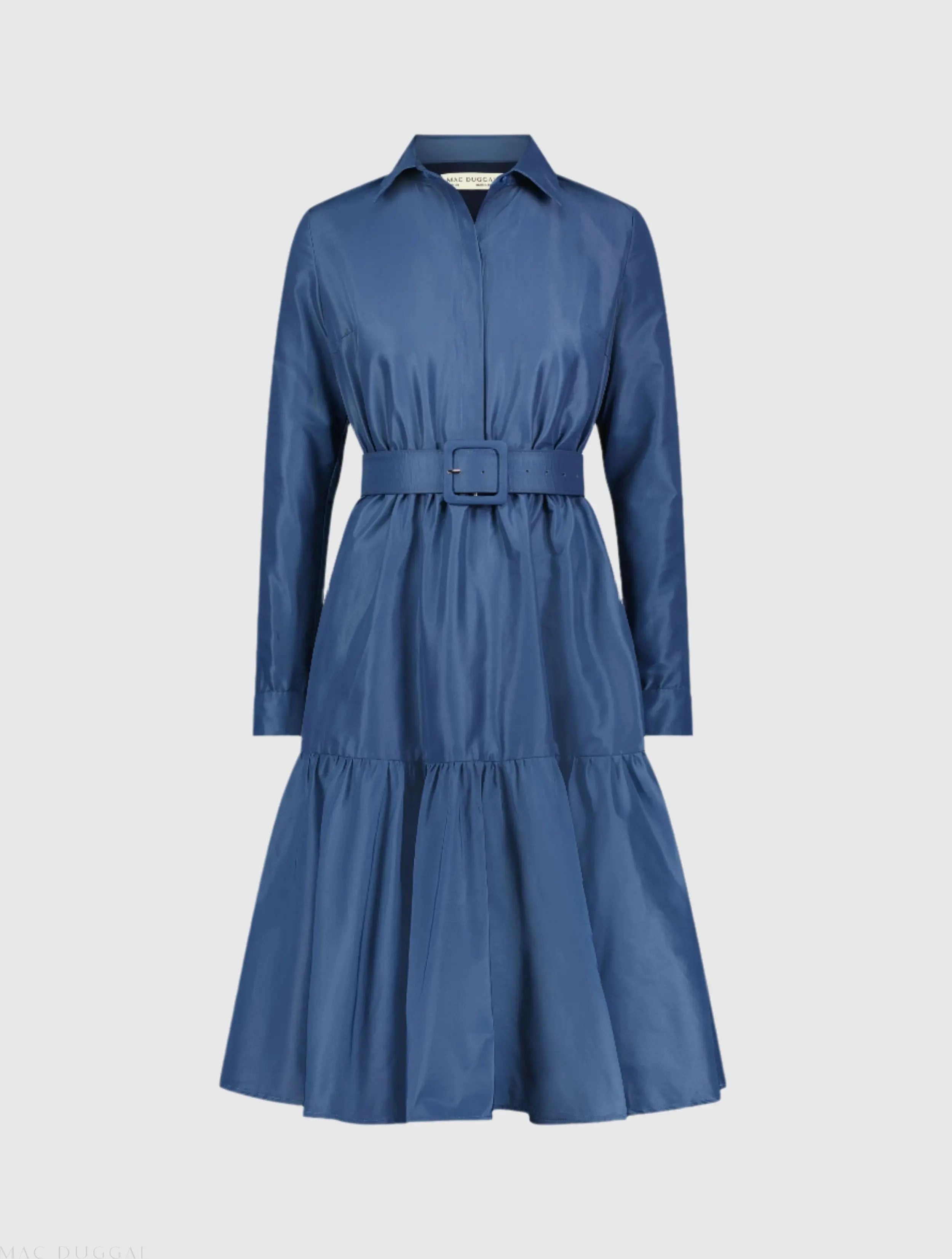Blue Faille Long Sleeve Collared Midi Dress With Belt - FINAL SALE-Myartka