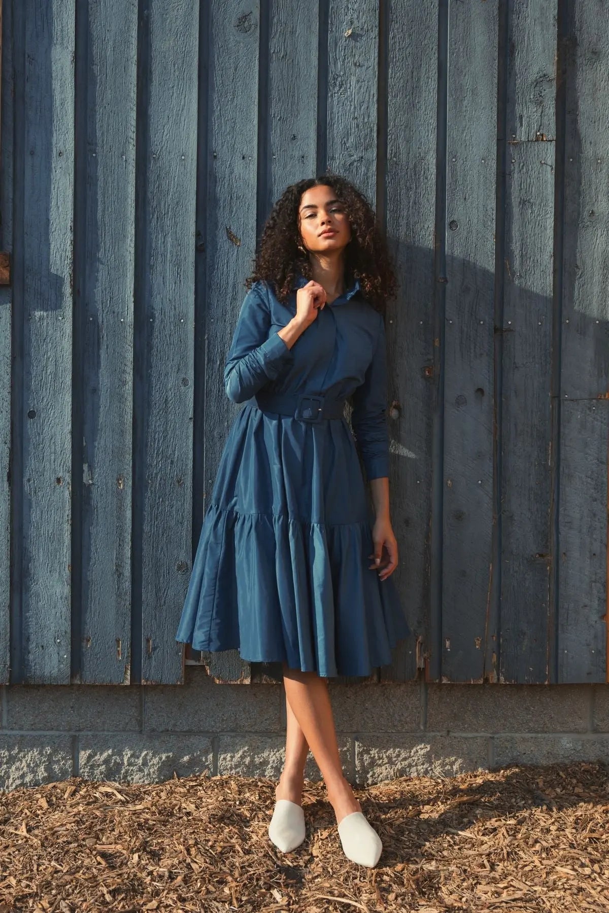 Blue Faille Long Sleeve Collared Midi Dress With Belt - FINAL SALE-Myartka