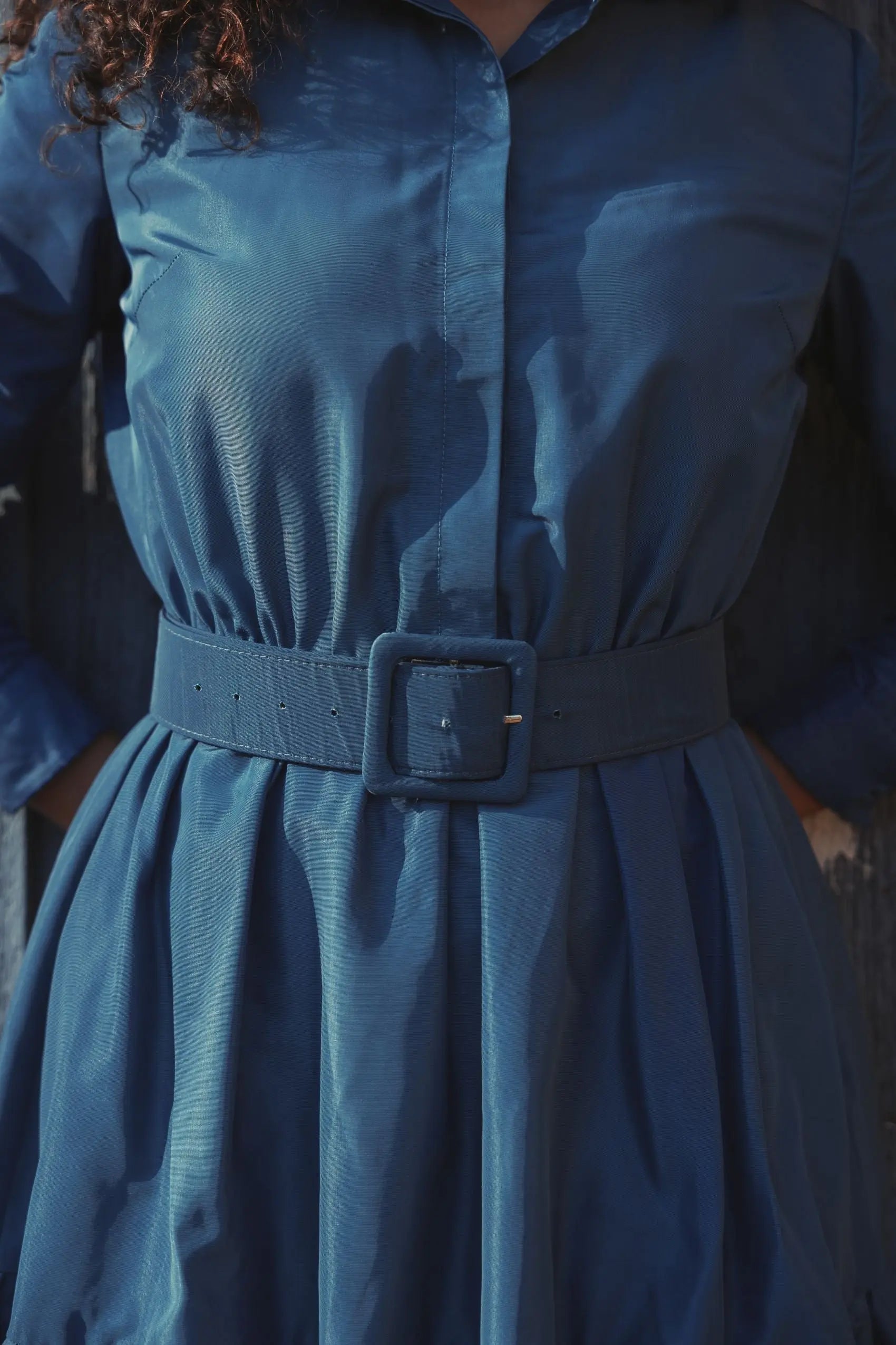 Blue Faille Long Sleeve Collared Midi Dress With Belt - FINAL SALE-Myartka