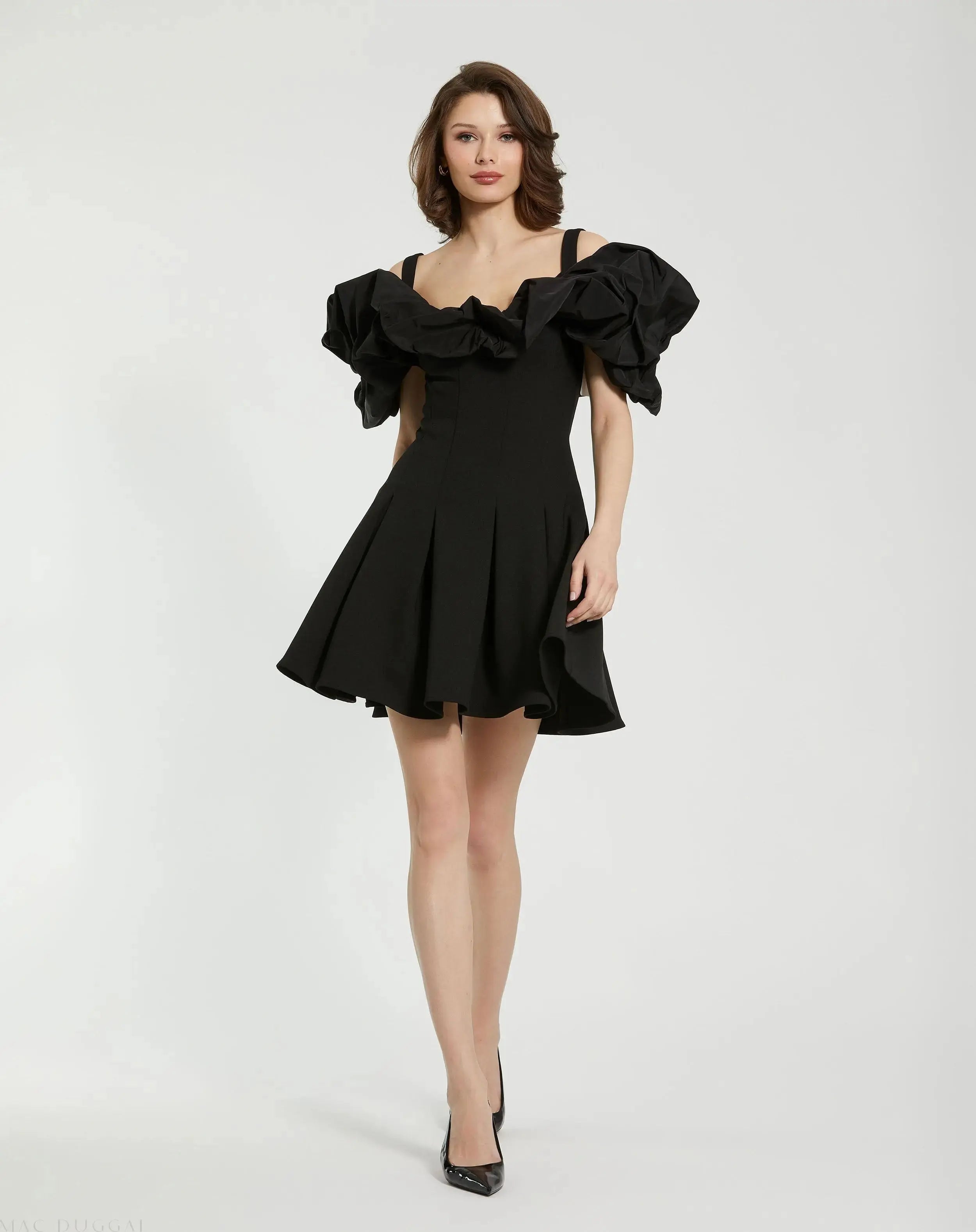 Black Crepe Godet Hem Mini Dress With Faille Ruffle - FINAL SALE-Myartka